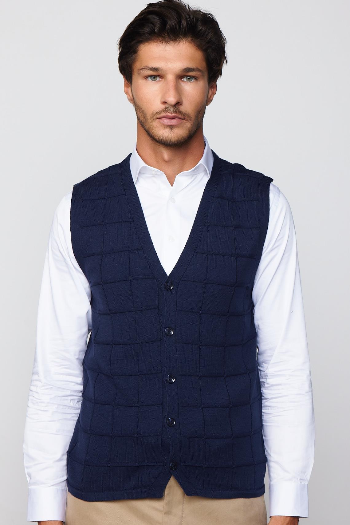TUDORS Slim Fit Kare Desenli Lacivert Erkek Yelek görsel 3