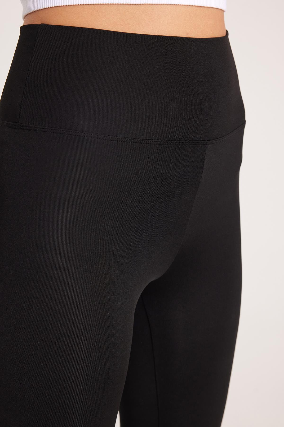 TUDORS Kadın Slim Fit Dar Kesim Scuba Kumaş Beli Lastikli Siyah Tayt görsel 3