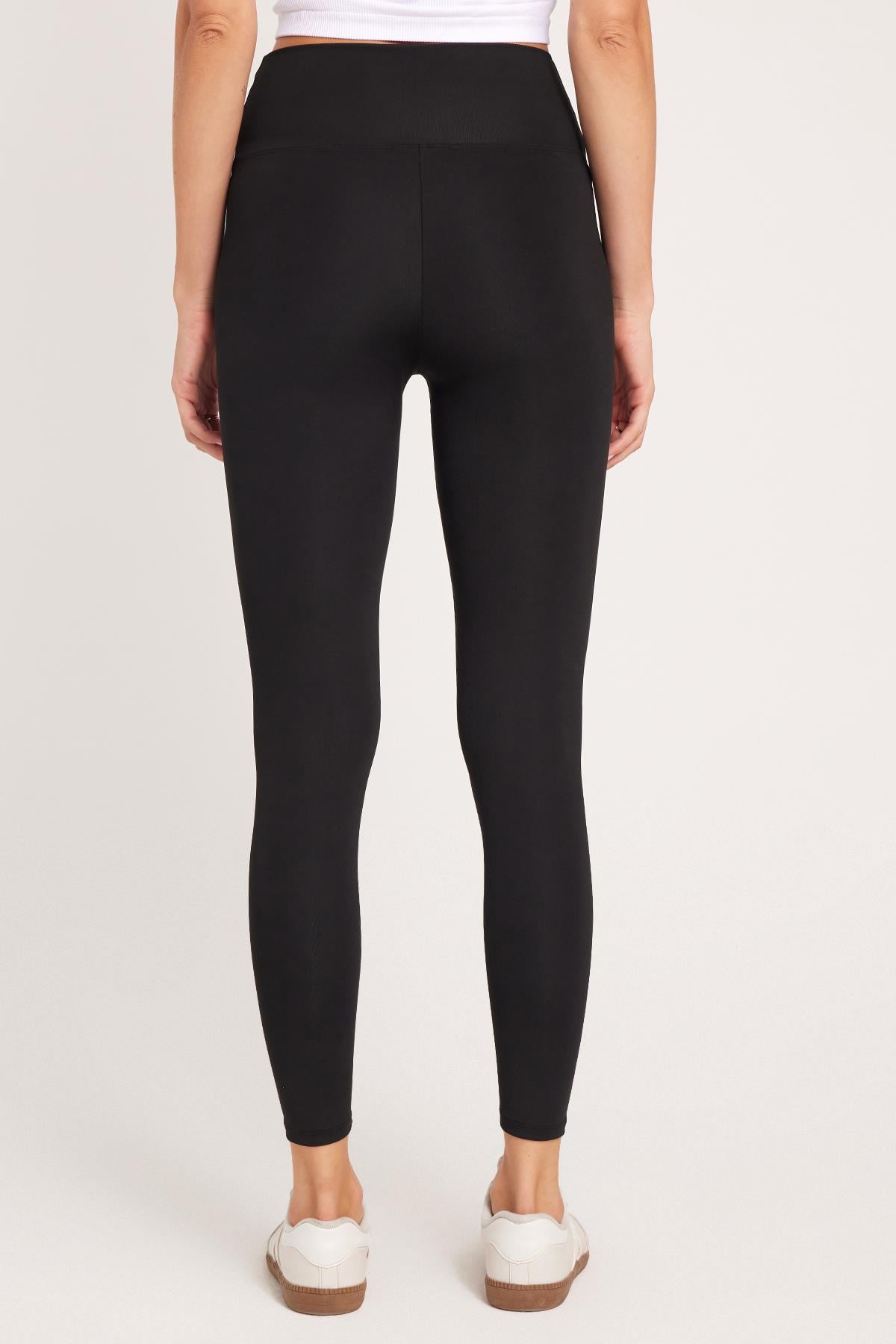 TUDORS Kadın Slim Fit Dar Kesim Scuba Kumaş Beli Lastikli Siyah Tayt görsel 6