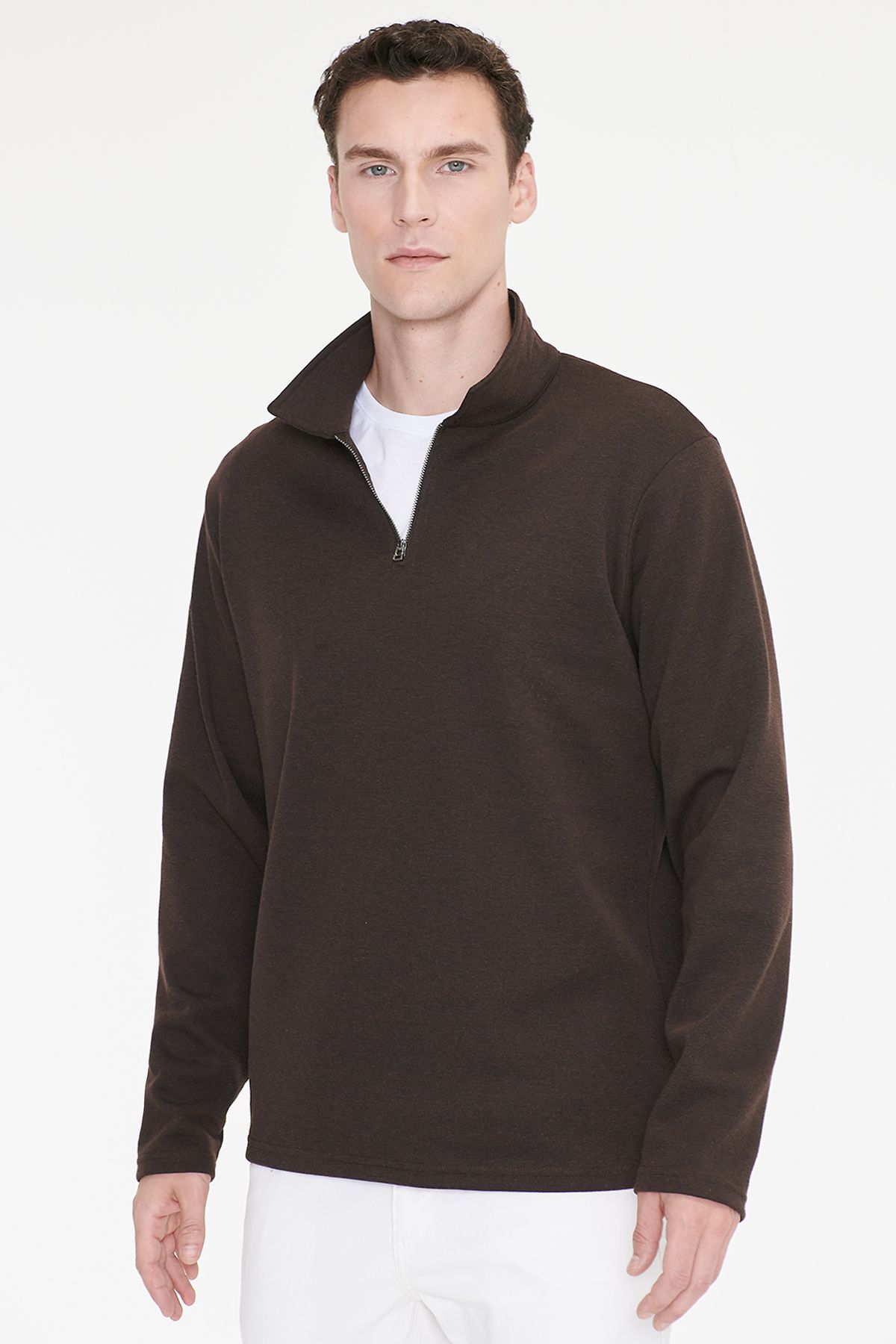 AC&Co / Altınyıldız Classics Erkek Kahverengi Pamuklu Standart Fit Normal Kesim Polo Yaka Sweatshirt