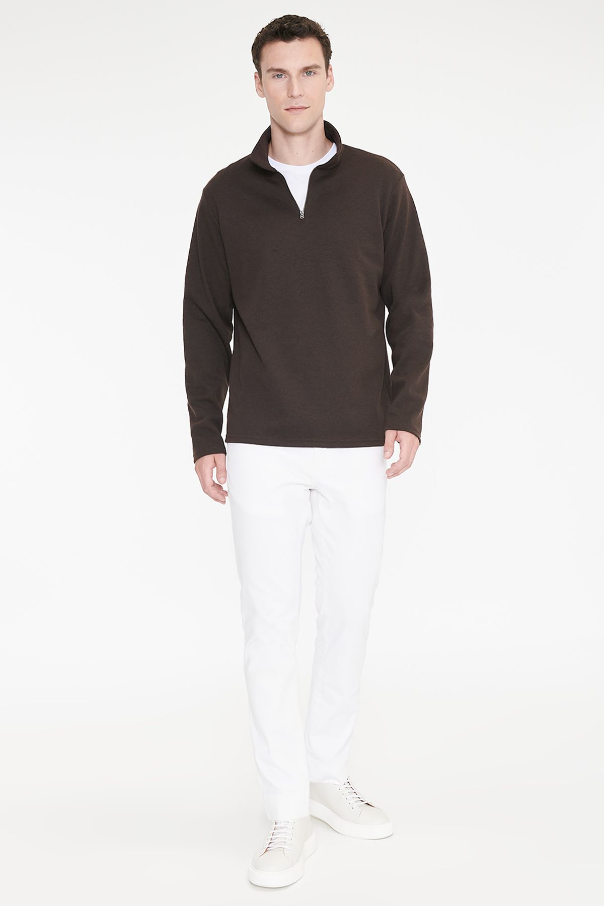 AC&Co / Altınyıldız Classics Erkek Kahverengi Pamuklu Standart Fit Normal Kesim Polo Yaka Sweatshirt görsel 2