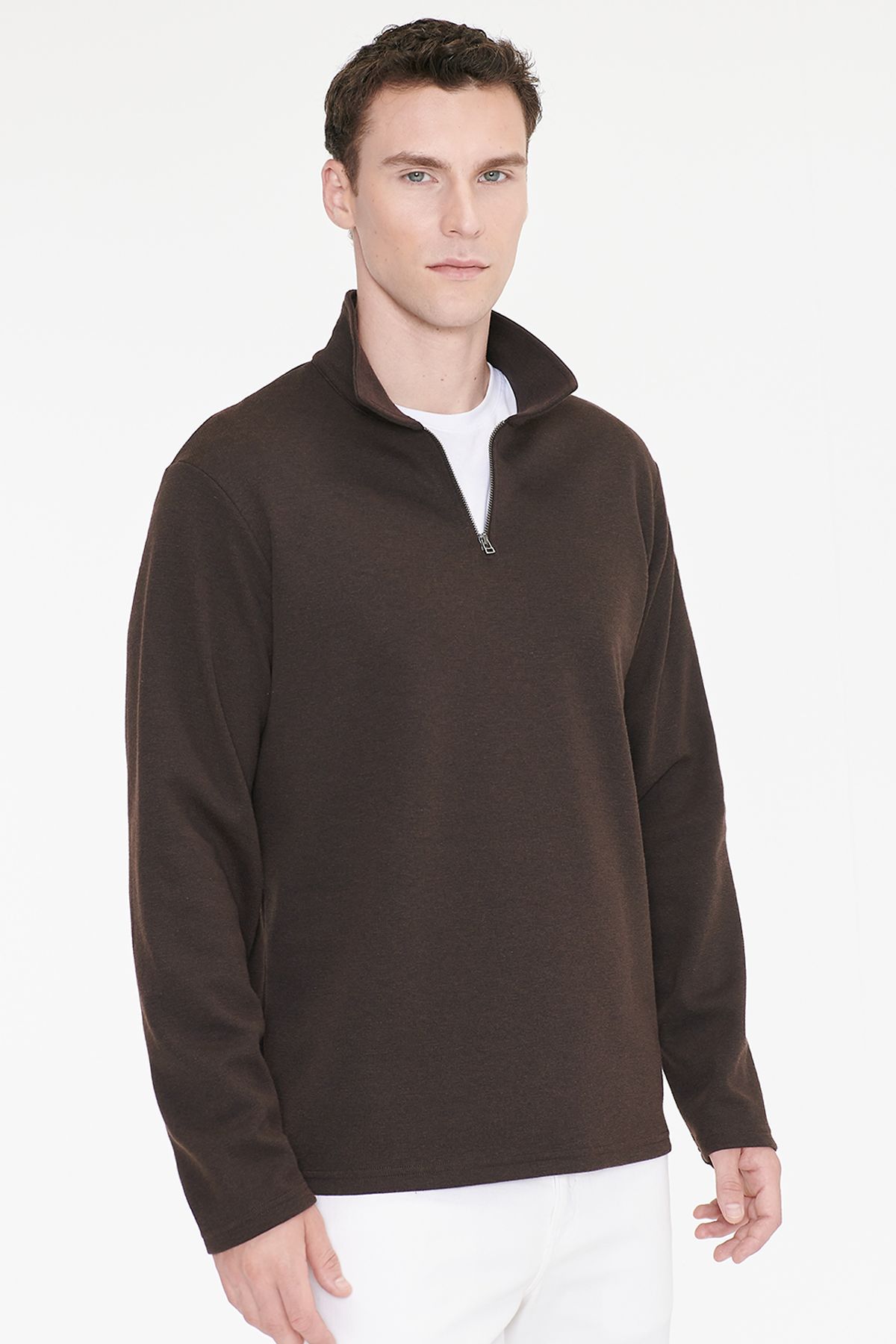 AC&Co / Altınyıldız Classics Erkek Kahverengi Pamuklu Standart Fit Normal Kesim Polo Yaka Sweatshirt görsel 3