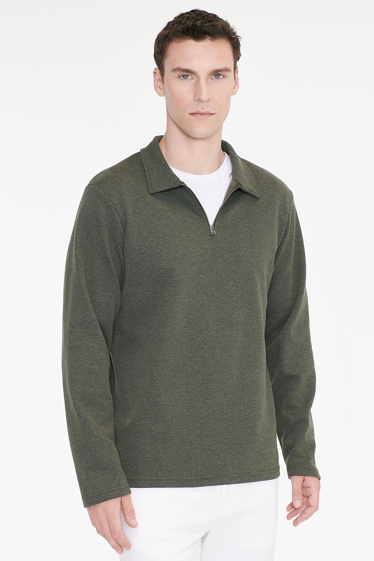 AC&Co / Altınyıldız Classics Erkek Haki Pamuklu Standart Fit Normal Kesim Polo Yaka Sweatshirt