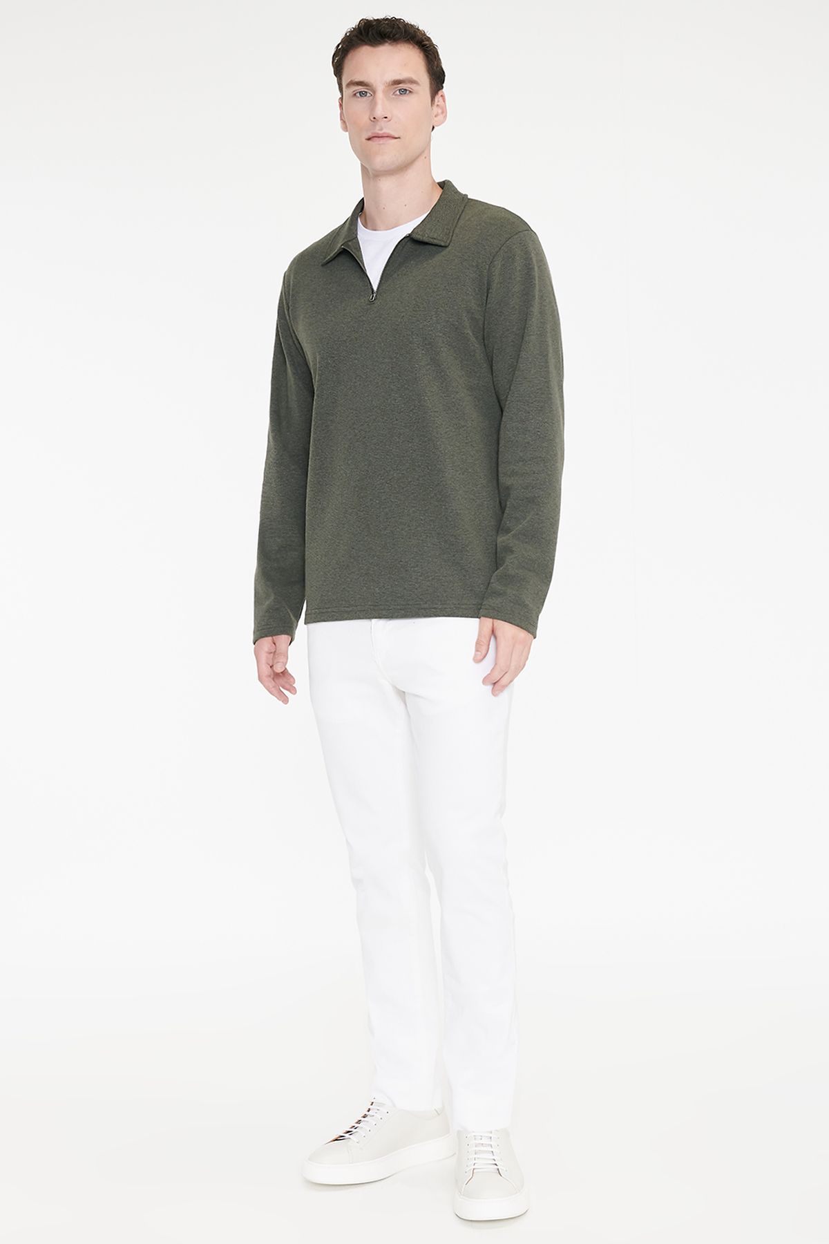 AC&Co / Altınyıldız Classics Erkek Haki Pamuklu Standart Fit Normal Kesim Polo Yaka Sweatshirt görsel 2