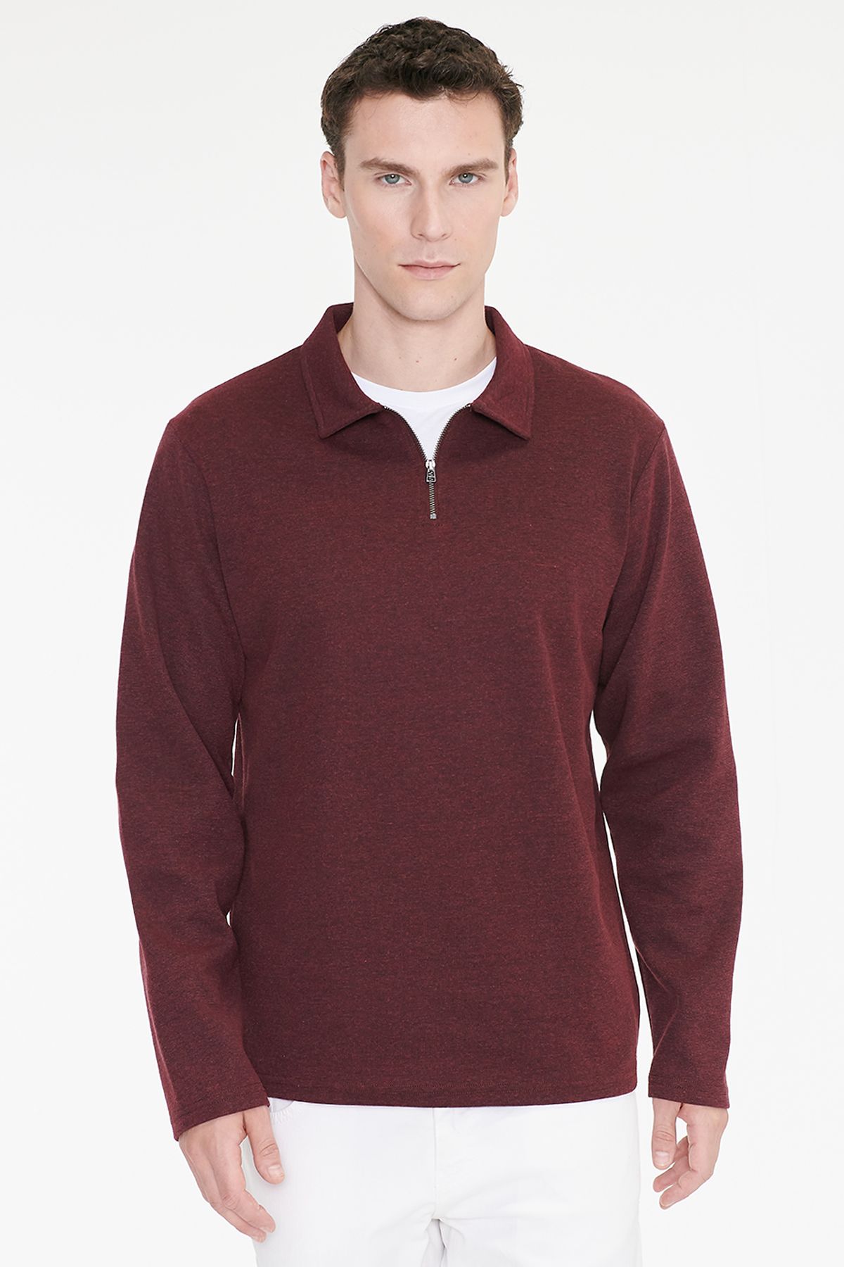 AC&Co / Altınyıldız Classics Erkek Bordo Pamuklu Standart Fit Normal Kesim Polo Yaka Sweatshirt