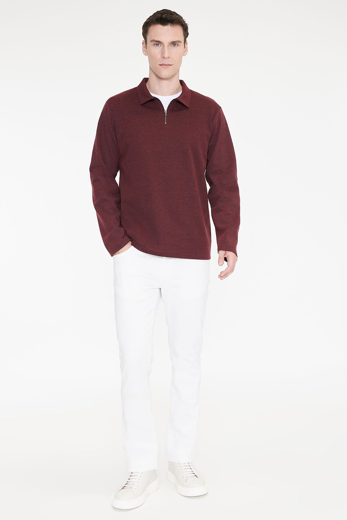 AC&Co / Altınyıldız Classics Erkek Bordo Pamuklu Standart Fit Normal Kesim Polo Yaka Sweatshirt görsel 2