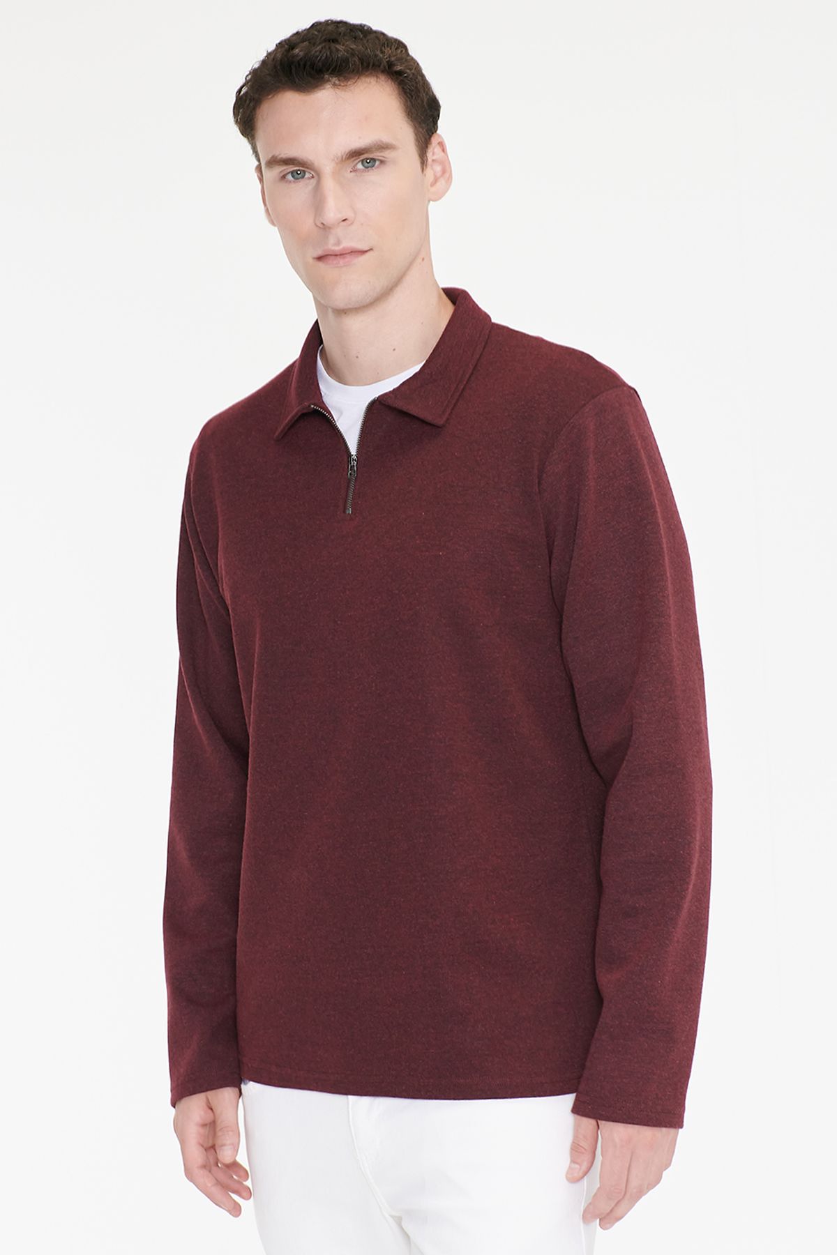 AC&Co / Altınyıldız Classics Erkek Bordo Pamuklu Standart Fit Normal Kesim Polo Yaka Sweatshirt görsel 3