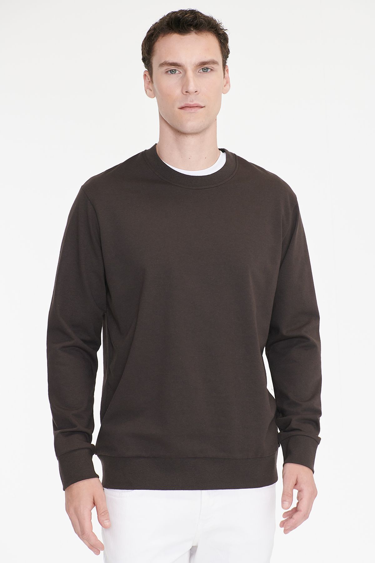 AC&Co / Altınyıldız Classics Erkek Kahverengi Pamuklu Standart Fit Normal Kesim 2 İplik Bisiklet Yaka Sweatshirt görsel 3