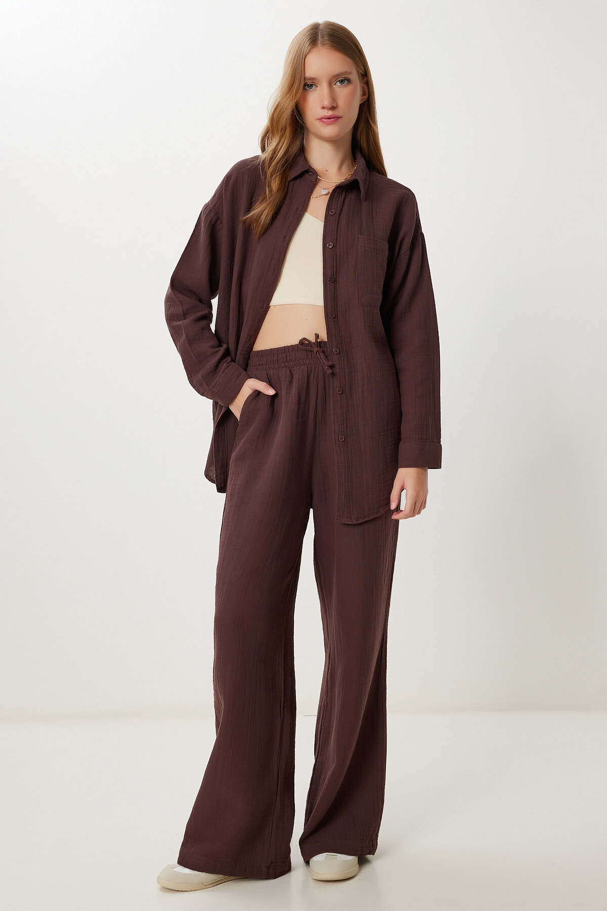 Happiness İstanbul Oversize Müslin Gömlek Pantolon Takım KOYU KAHVERENGİ LSA0014