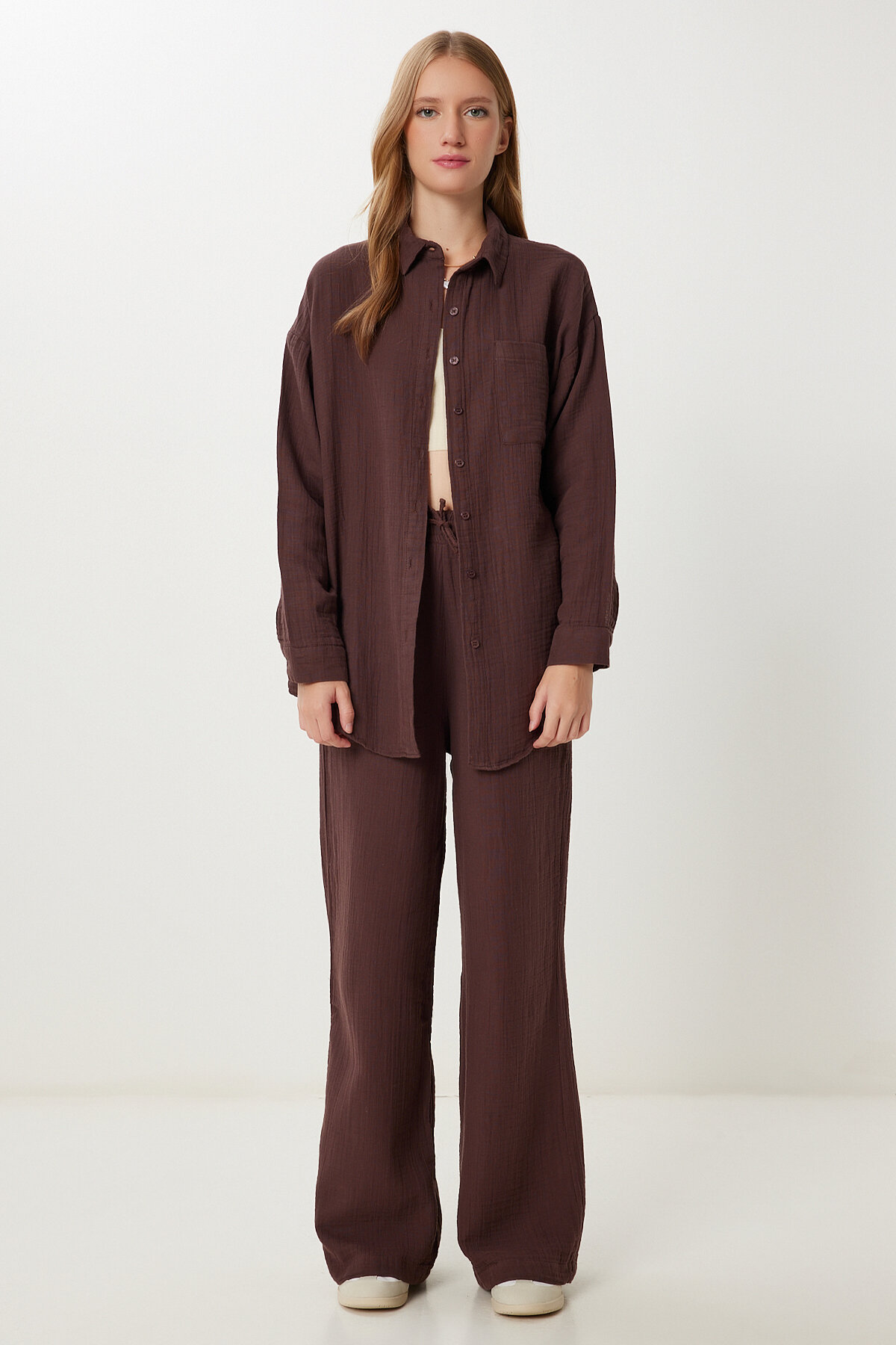 Happiness İstanbul Oversize Müslin Gömlek Pantolon Takım KOYU KAHVERENGİ LSA0014 görsel 2