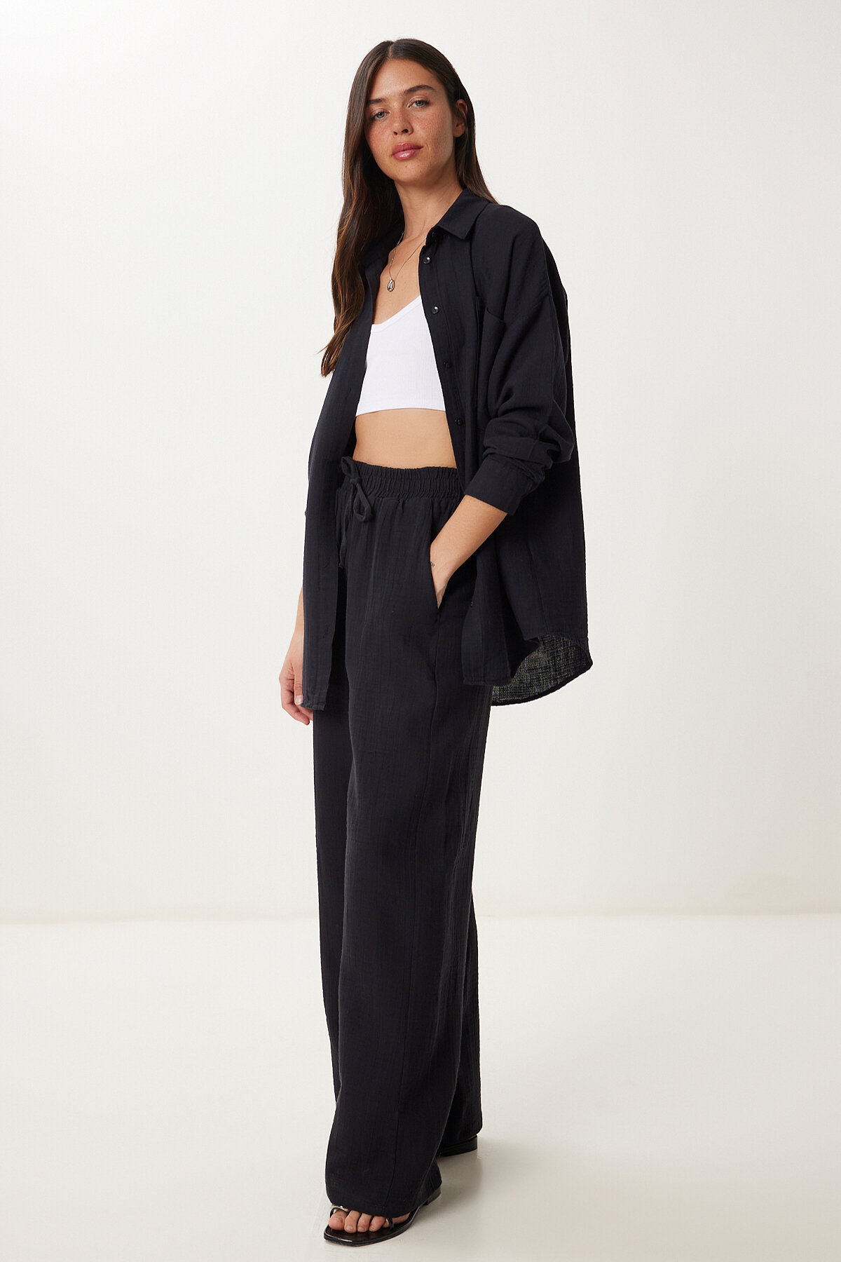 Happiness İstanbul Oversize Müslin Gömlek Pantolon Takım SİYAH LSA0014