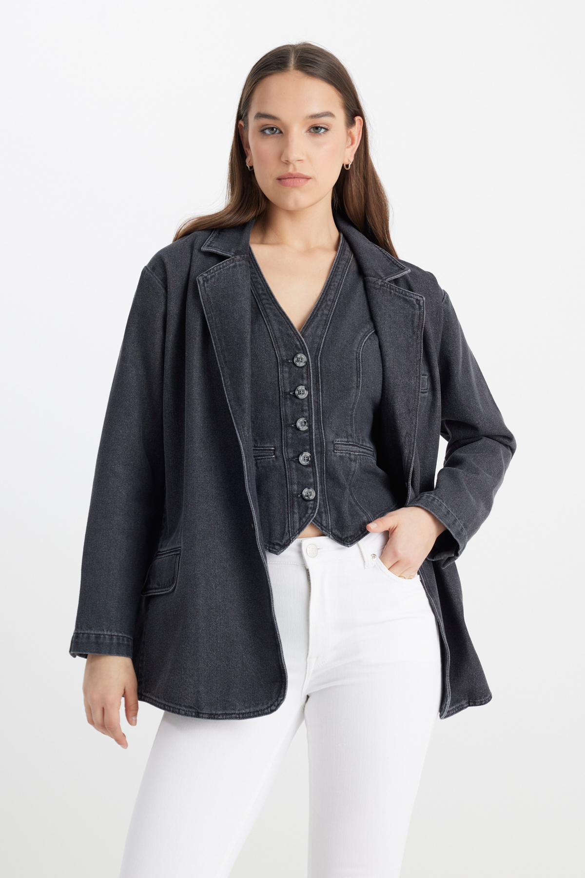 Lee Oversize Bol Kesim %100 Pamuk Antrasit Jean Jean Ceket