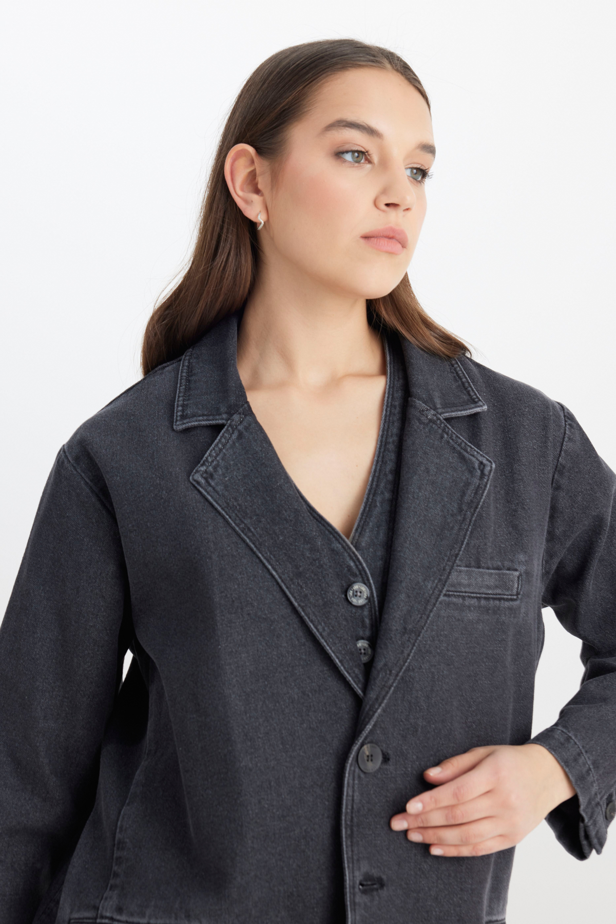 Lee Oversize Bol Kesim %100 Pamuk Antrasit Jean Jean Ceket görsel 4