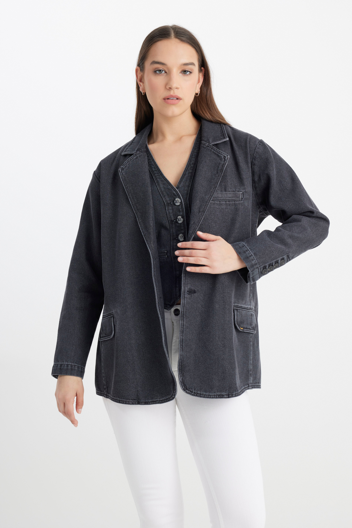 Lee Oversize Bol Kesim %100 Pamuk Antrasit Jean Jean Ceket görsel 6