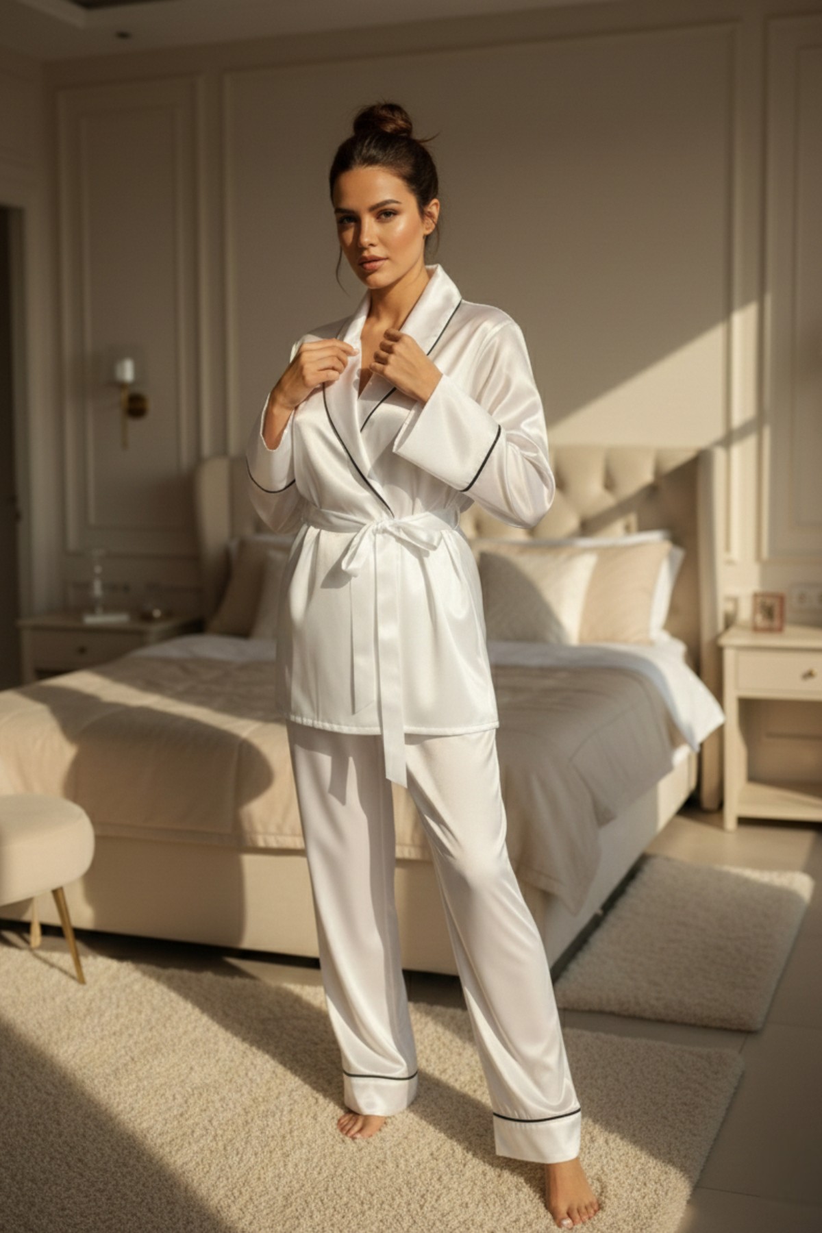 MİSS DÜNYA LİSSA Beyaz Soft Glow Şal Yaka Uzun Kol Saten Pijama Takımı