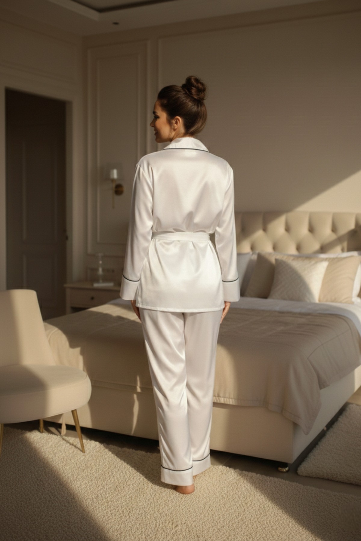 MİSS DÜNYA LİSSA Beyaz Soft Glow Şal Yaka Uzun Kol Saten Pijama Takımı görsel 2