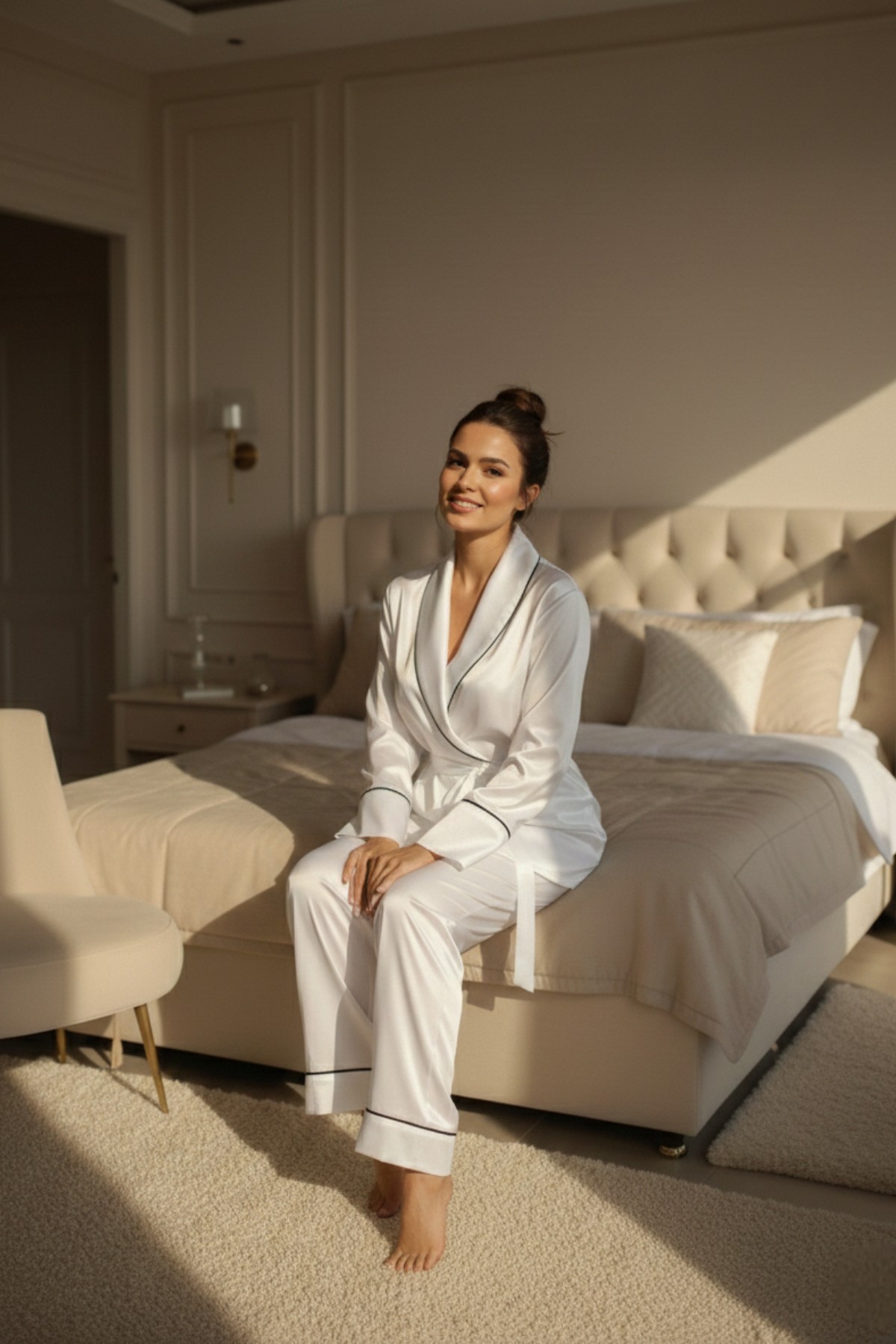MİSS DÜNYA LİSSA Beyaz Soft Glow Şal Yaka Uzun Kol Saten Pijama Takımı görsel 3
