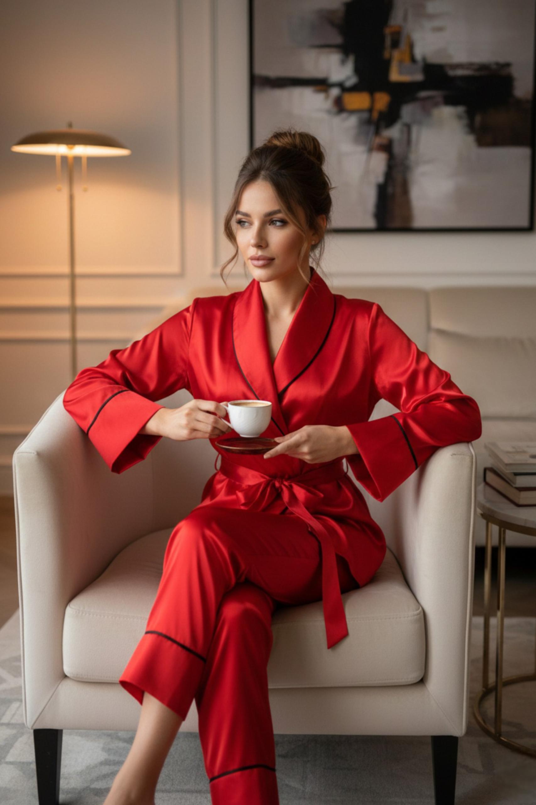 MİSS DÜNYA LİSSA Kırmızı Soft Glow Şal Yaka Uzun Kol Saten Pijama Takımı