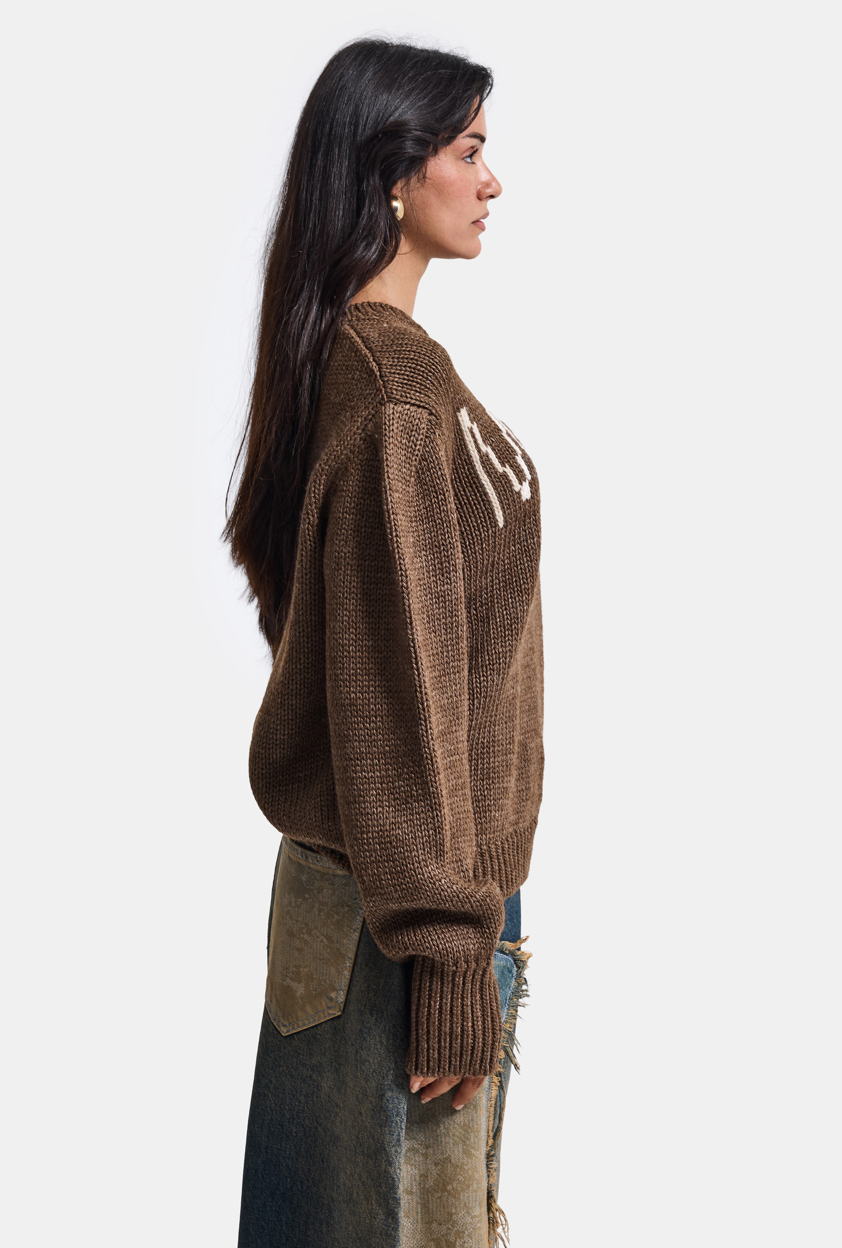It's Basic Kadın Kahve w6-81 Mogul Nakışlı Oversize Tasarım Triko Kazak görsel 7