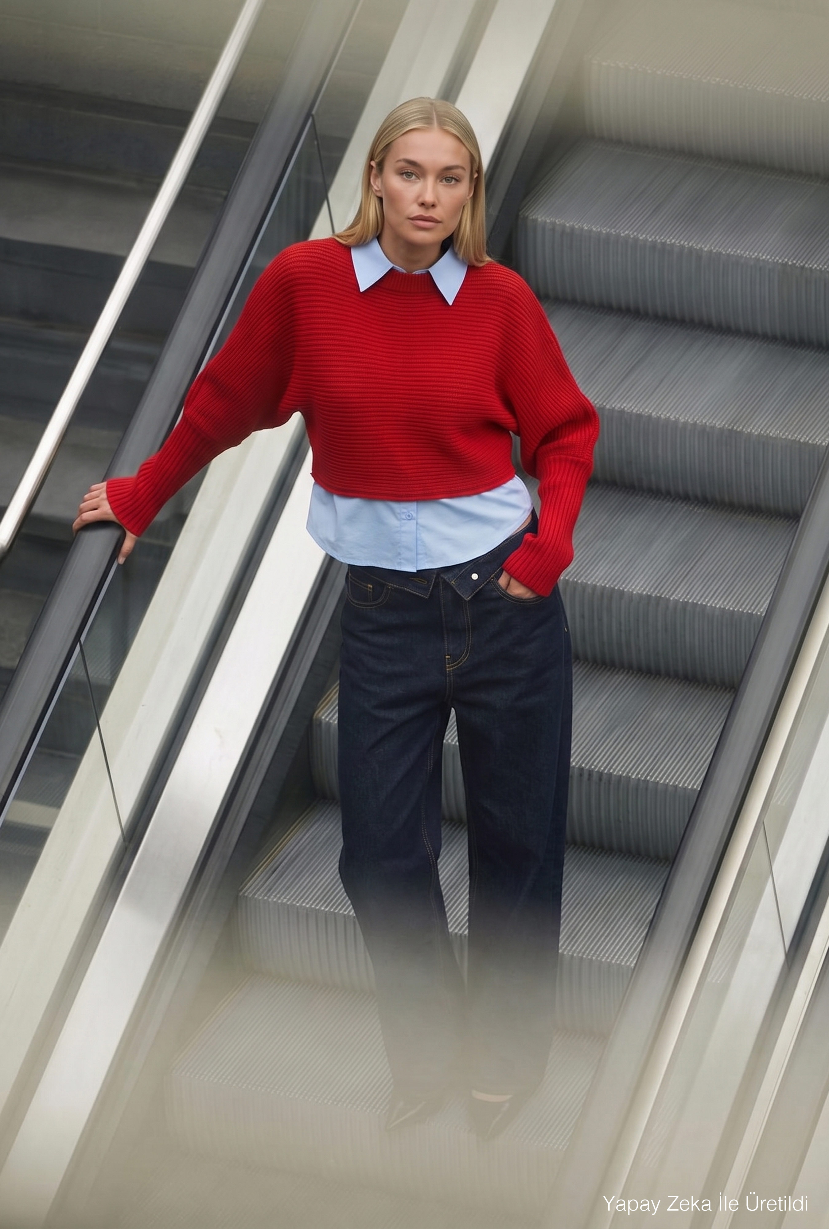 It's Basic Kadın Kırmızı w6-19 Oversize Tek Parça Gömlek Yaka Detaylı Tasarım Triko Kazak