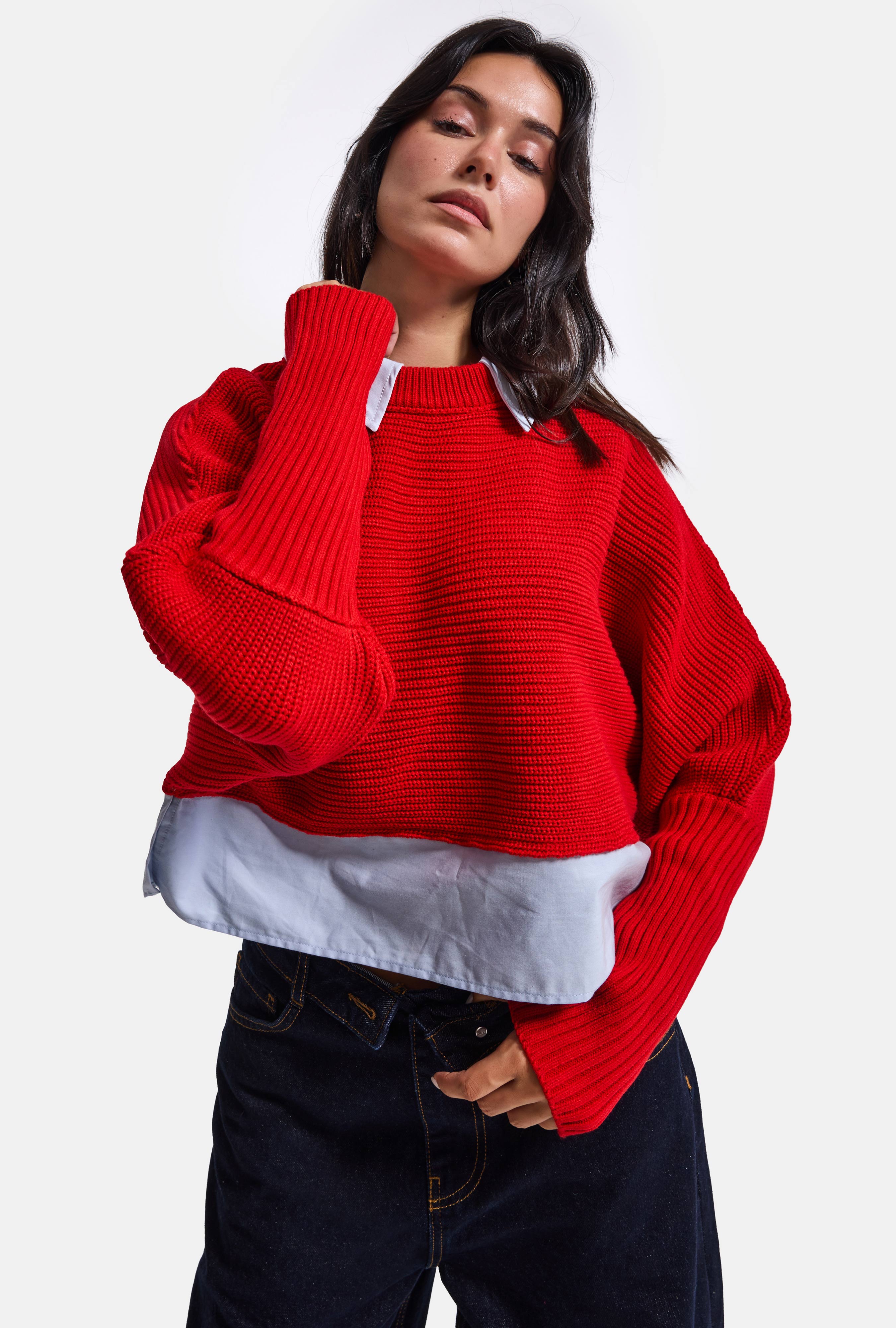 It's Basic Kadın Kırmızı w6-19 Oversize Tek Parça Gömlek Yaka Detaylı Tasarım Triko Kazak görsel 2