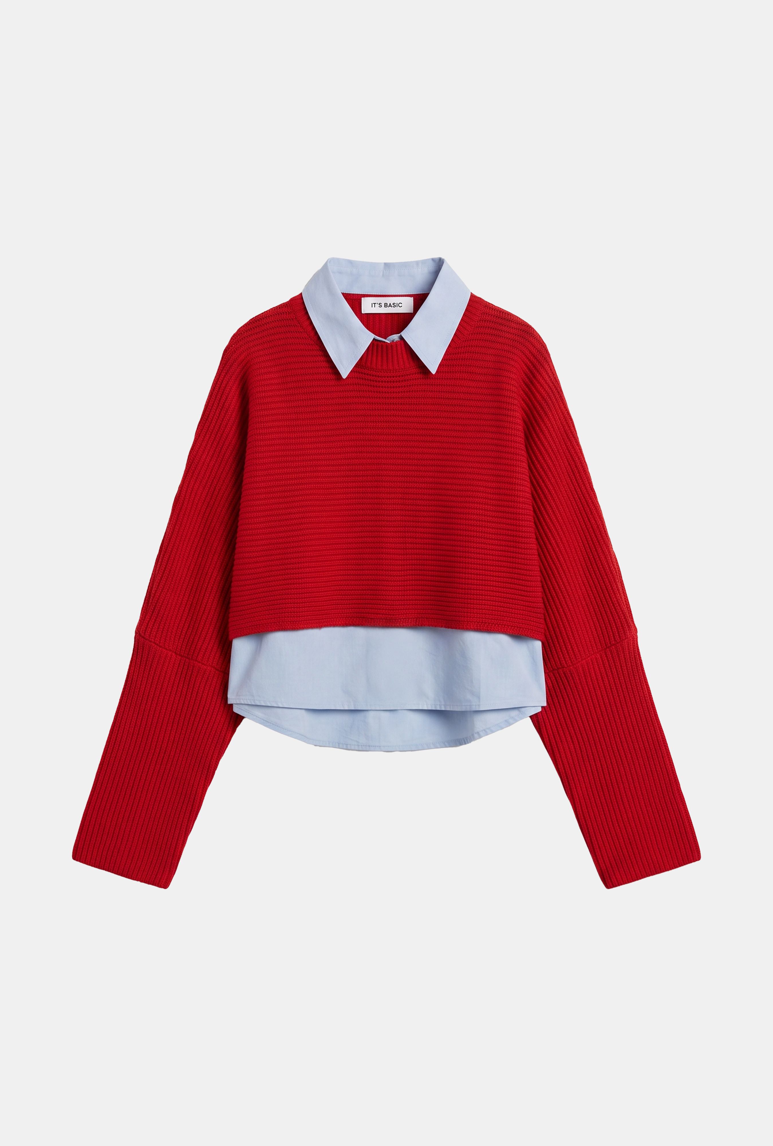 It's Basic Kadın Kırmızı w6-19 Oversize Tek Parça Gömlek Yaka Detaylı Tasarım Triko Kazak görsel 3