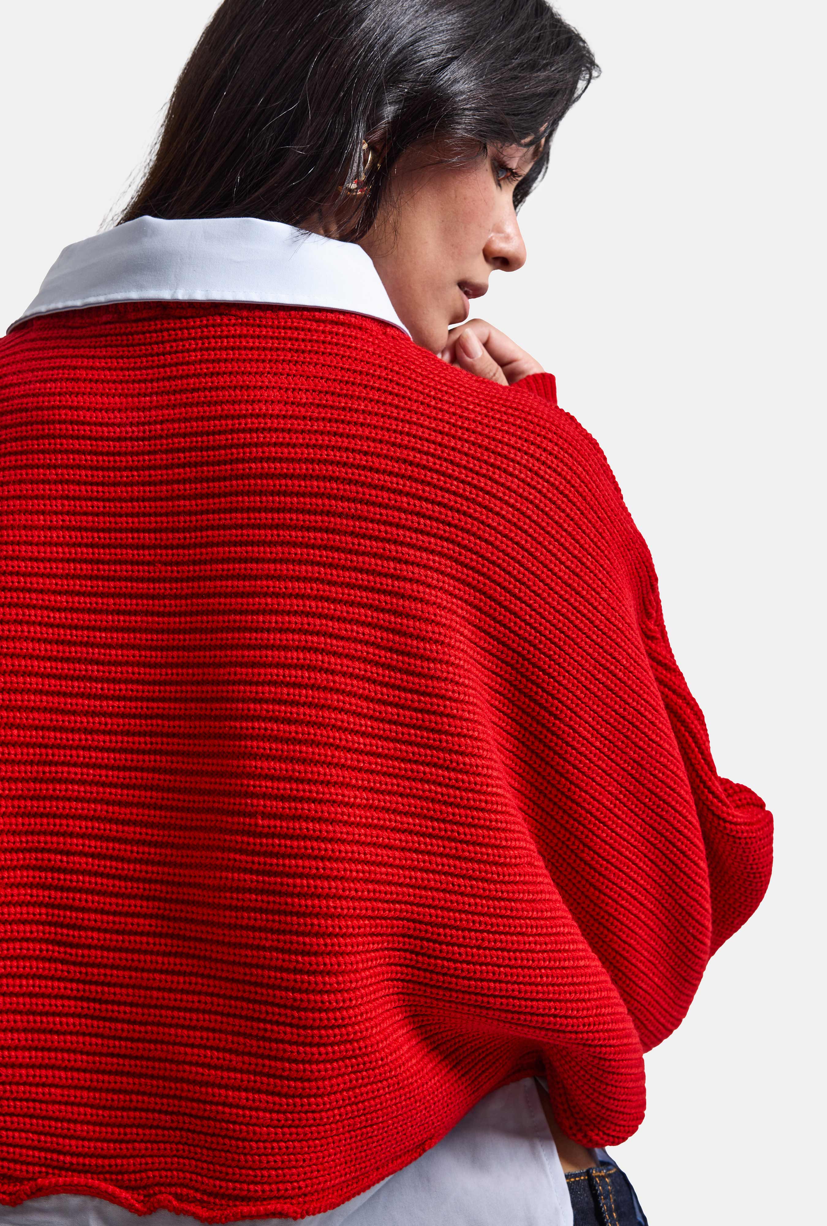 It's Basic Kadın Kırmızı w6-19 Oversize Tek Parça Gömlek Yaka Detaylı Tasarım Triko Kazak görsel 4