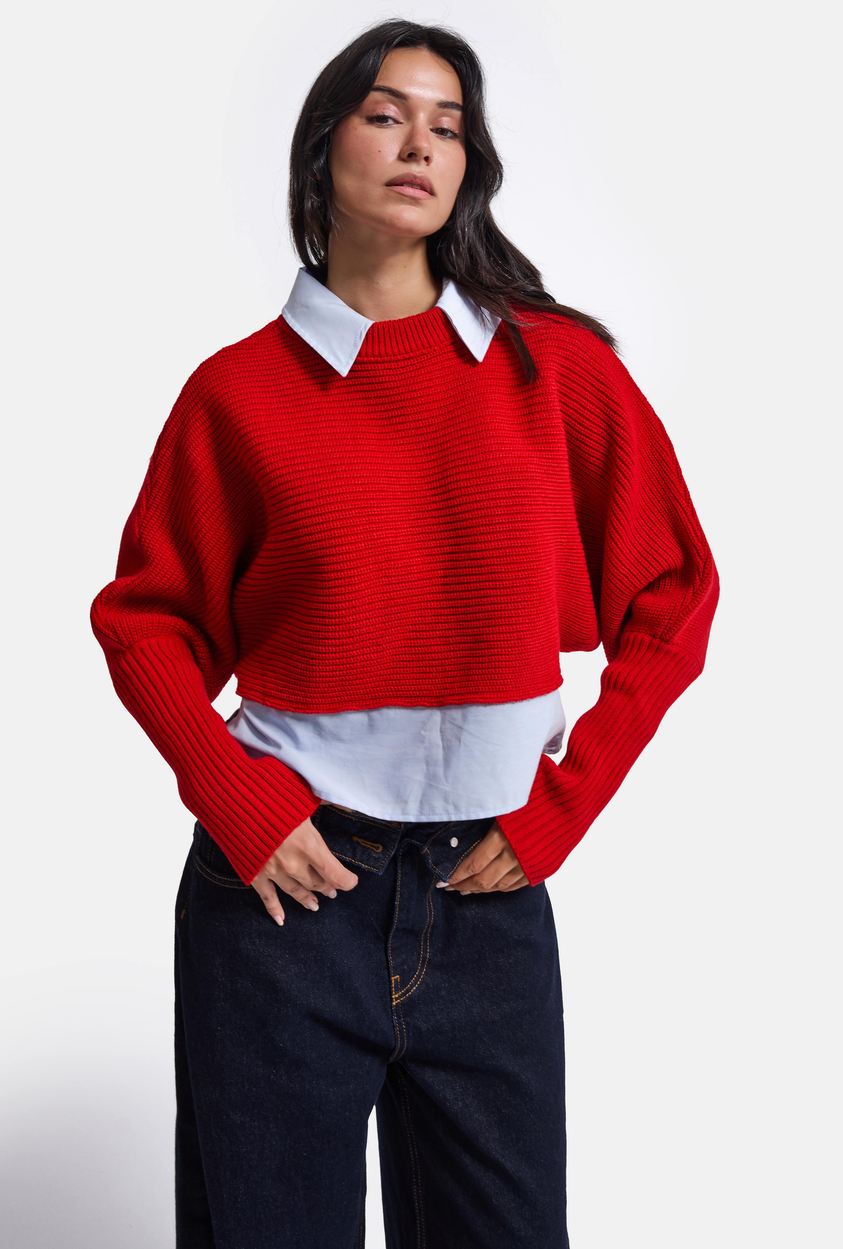 It's Basic Kadın Kırmızı w6-19 Oversize Tek Parça Gömlek Yaka Detaylı Tasarım Triko Kazak görsel 5