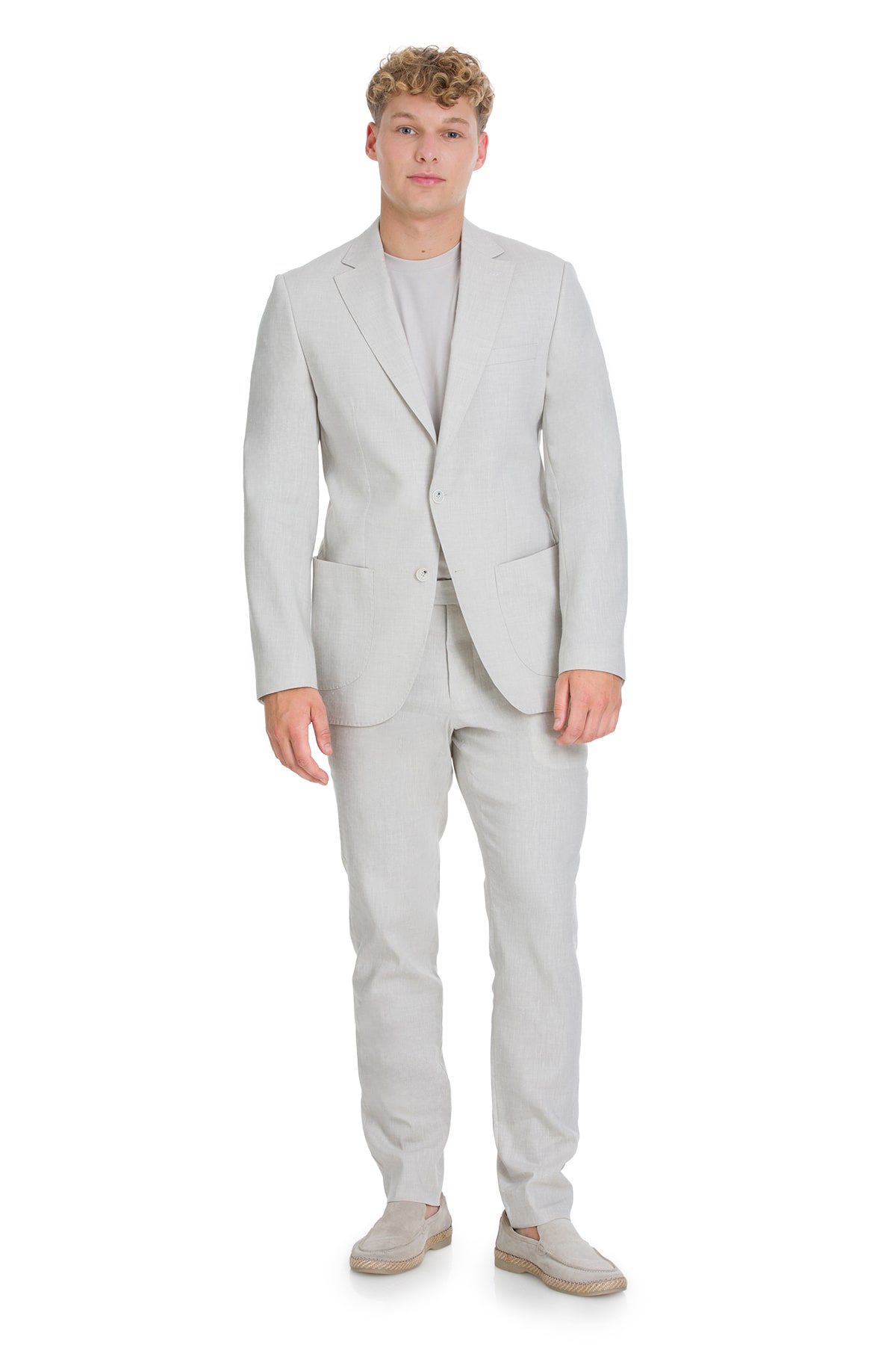 Hatemoğlu Bej Slim Fit Mono Yaka Keten Takım Elbise