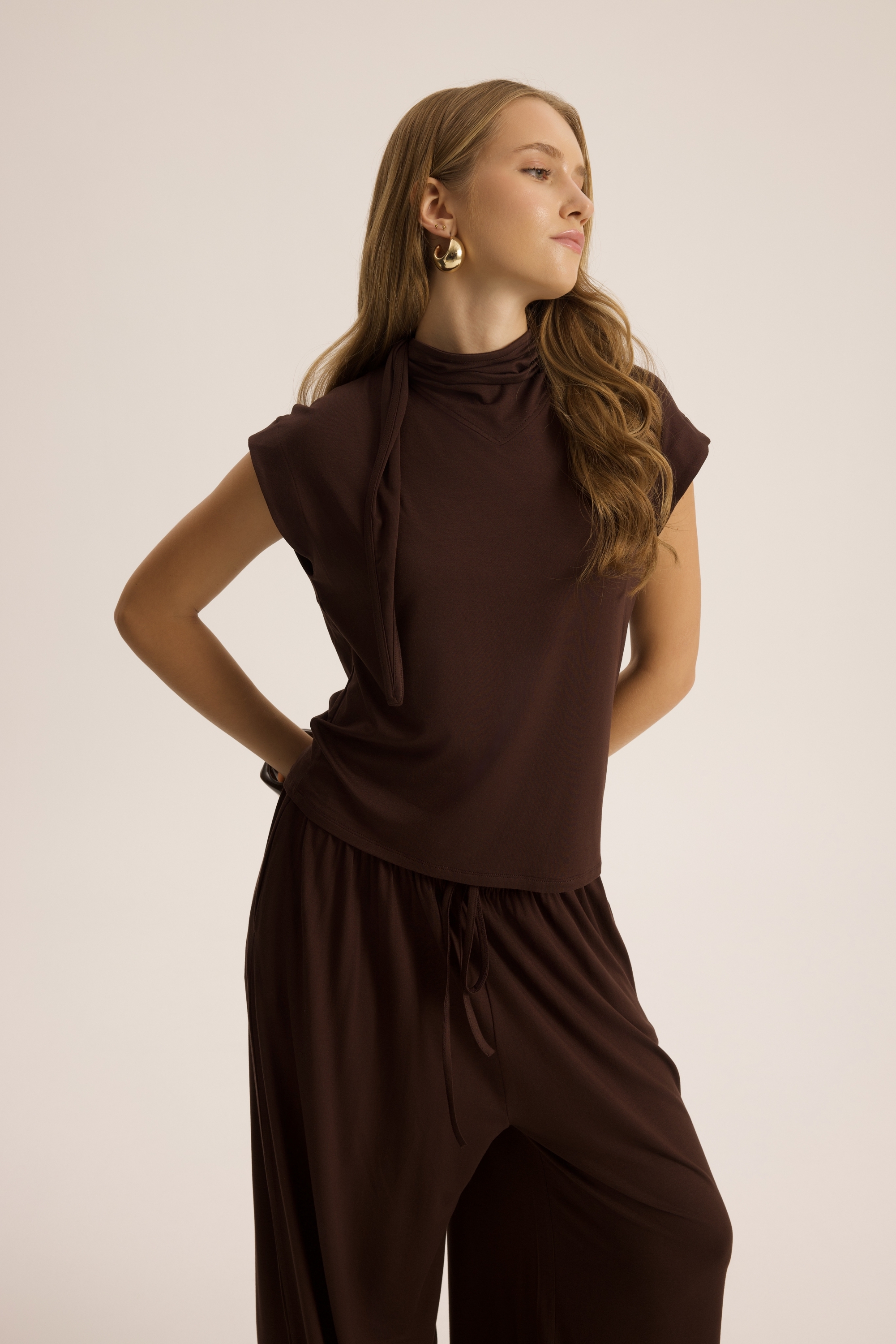 Mai Collection Merlin Bağlamalı Kahve Crop Pantolon Takım