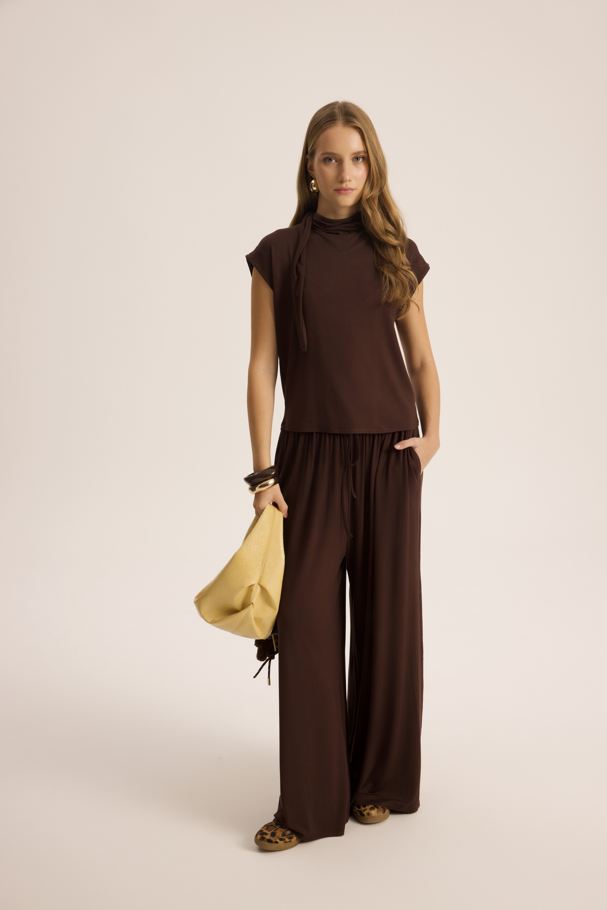 Mai Collection Merlin Bağlamalı Kahve Crop Pantolon Takım görsel 2