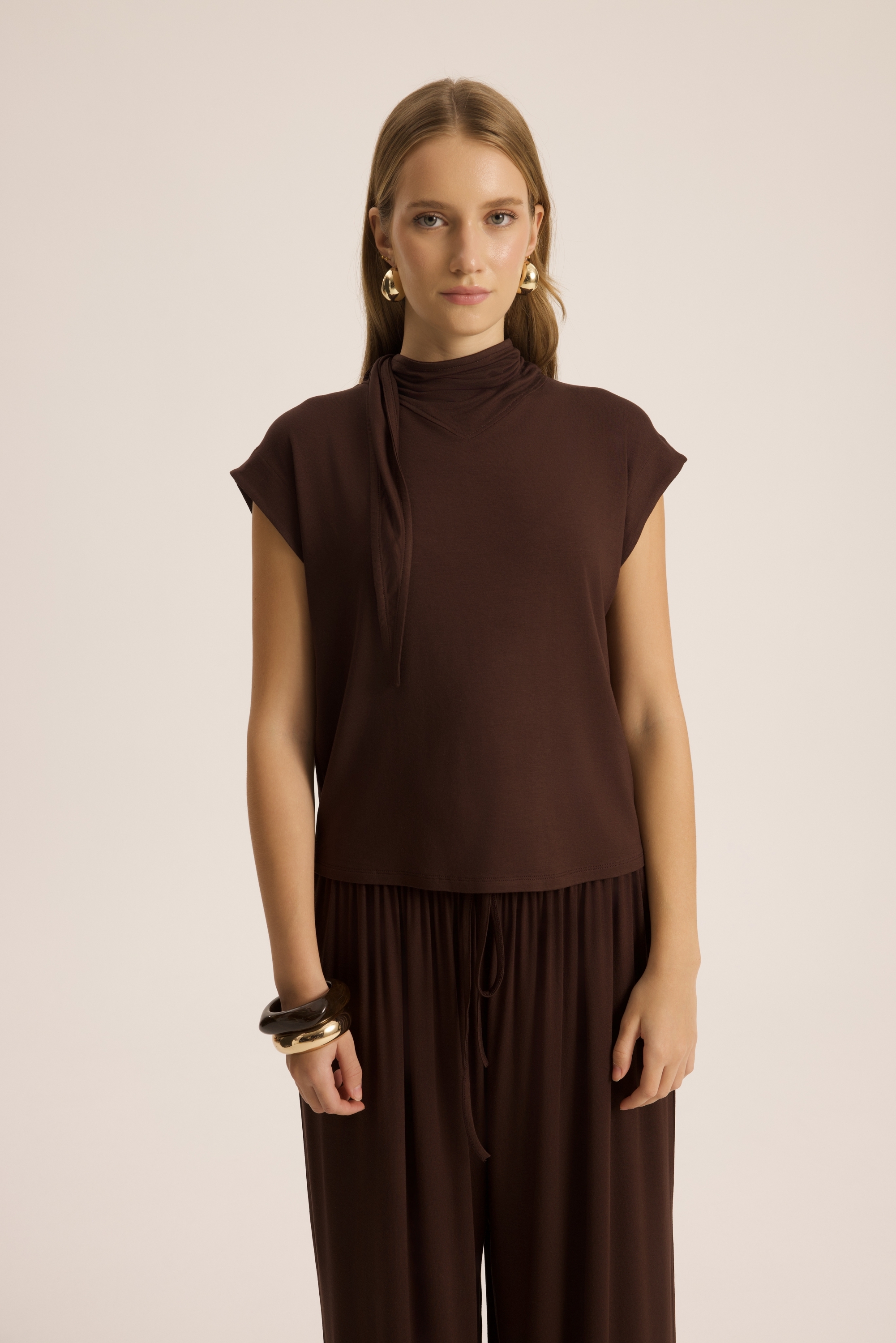 Mai Collection Merlin Bağlamalı Kahve Crop Pantolon Takım görsel 6