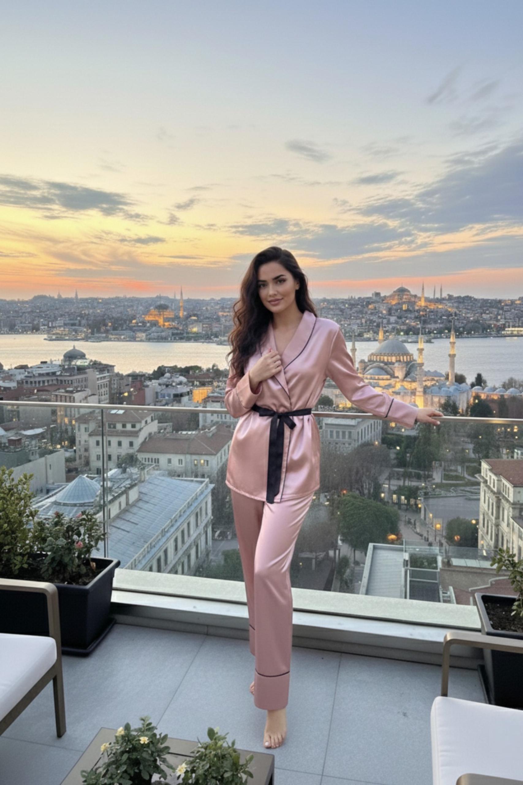MİSS DÜNYA LİSSA Rose Gold Soft Glow Şal Yaka Uzun Kol Saten Pijama Takımı