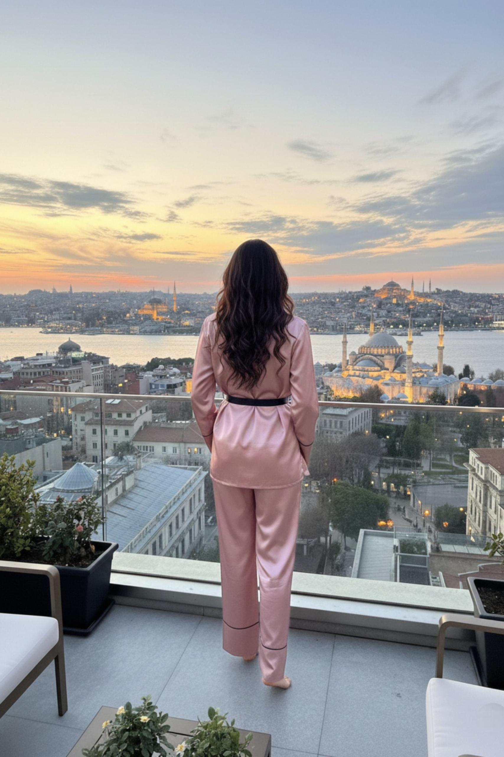 MİSS DÜNYA LİSSA Rose Gold Soft Glow Şal Yaka Uzun Kol Saten Pijama Takımı görsel 2