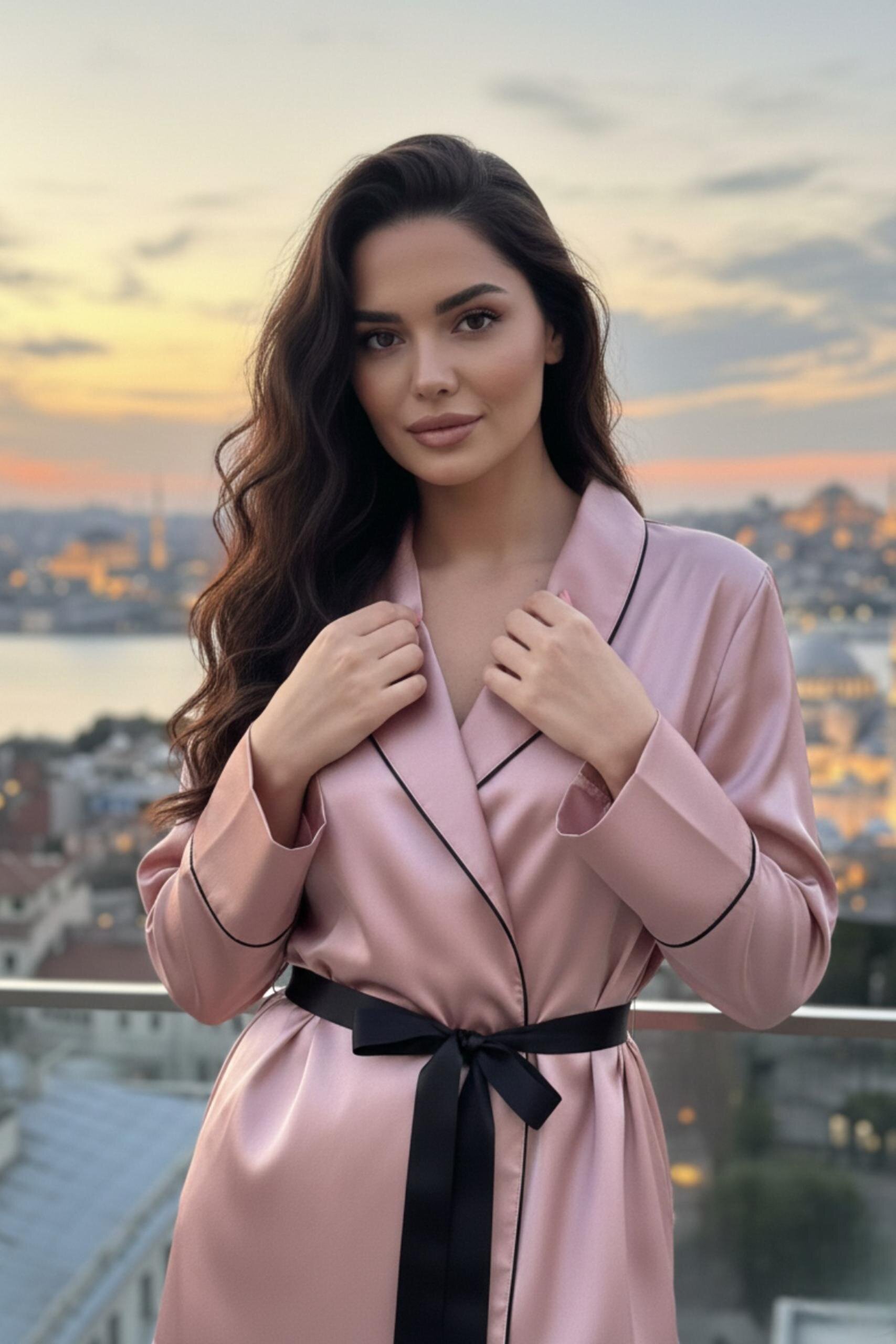 MİSS DÜNYA LİSSA Rose Gold Soft Glow Şal Yaka Uzun Kol Saten Pijama Takımı görsel 3