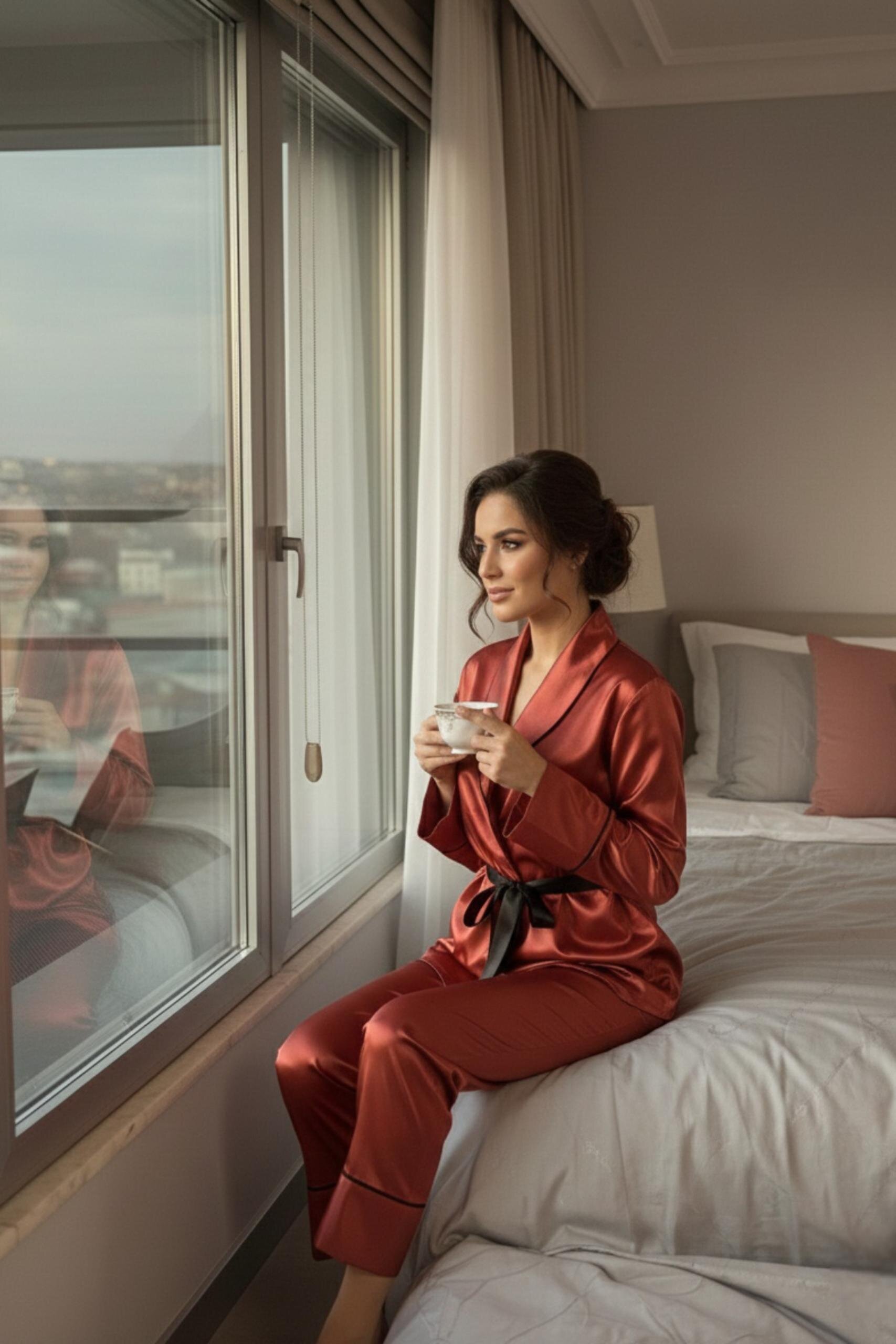 MİSS DÜNYA LİSSA Kiremit Soft Glow Şal Yaka Uzun Kol Saten Pijama Takımı görsel 3