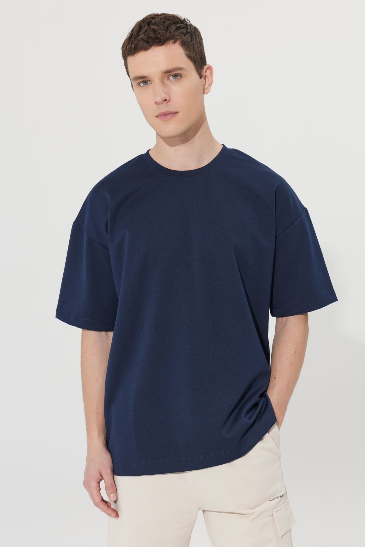 AC&Co / Altınyıldız Classics Erkek Lacivert Oversize Bol Kesim Bisiklet Yaka Kısa Kollu Sweatshirt