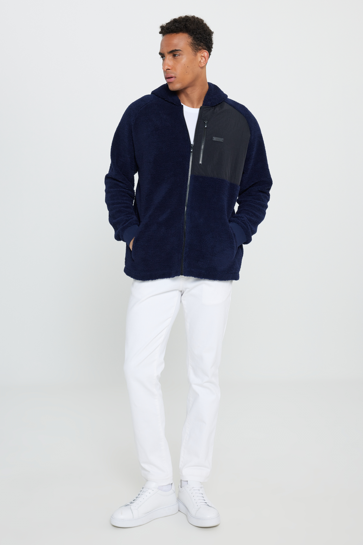 AC&Co / Altınyıldız Classics Lacivert Oversize Bol Kesim Kapüşonlu Erkek Polar Fermuarlı Sweatshirt Hırka görsel 4