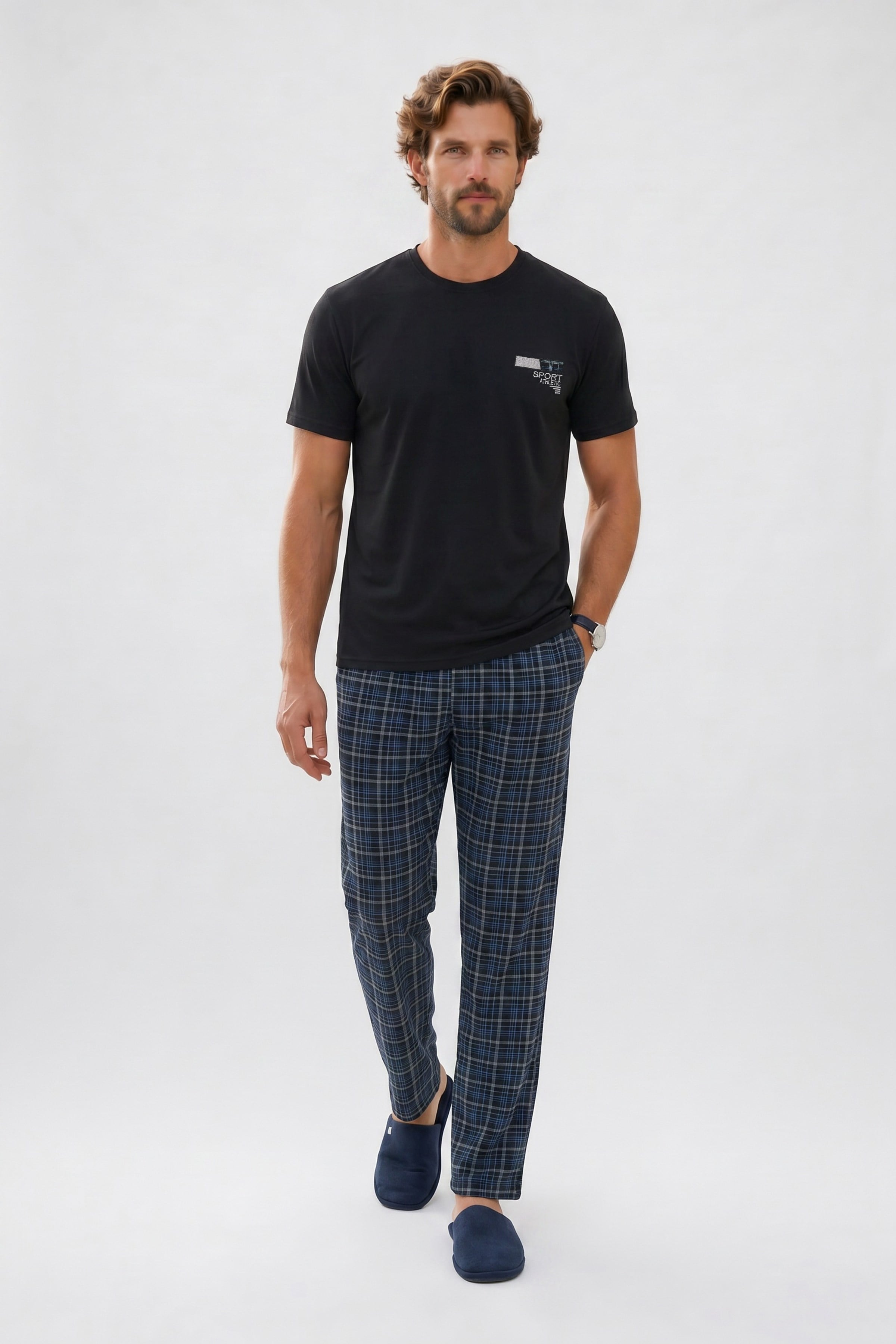 TUDORS Erkek Standart Fit Normal Kesim Pamuklu Bisiklet Yaka Kısa Kollu Lastikli Siyah Pijama Takımı