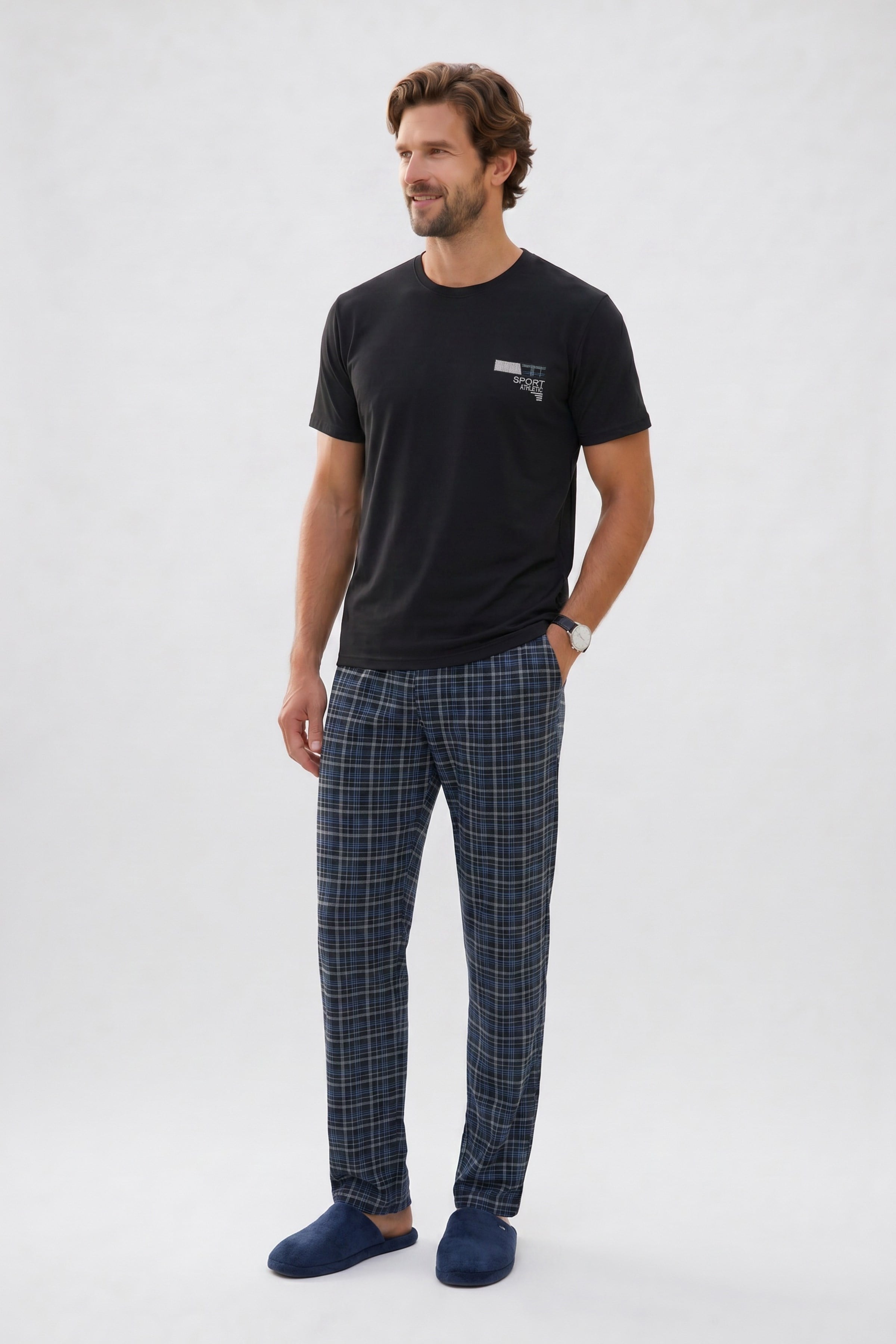 TUDORS Erkek Standart Fit Normal Kesim Pamuklu Bisiklet Yaka Kısa Kollu Lastikli Siyah Pijama Takımı görsel 3