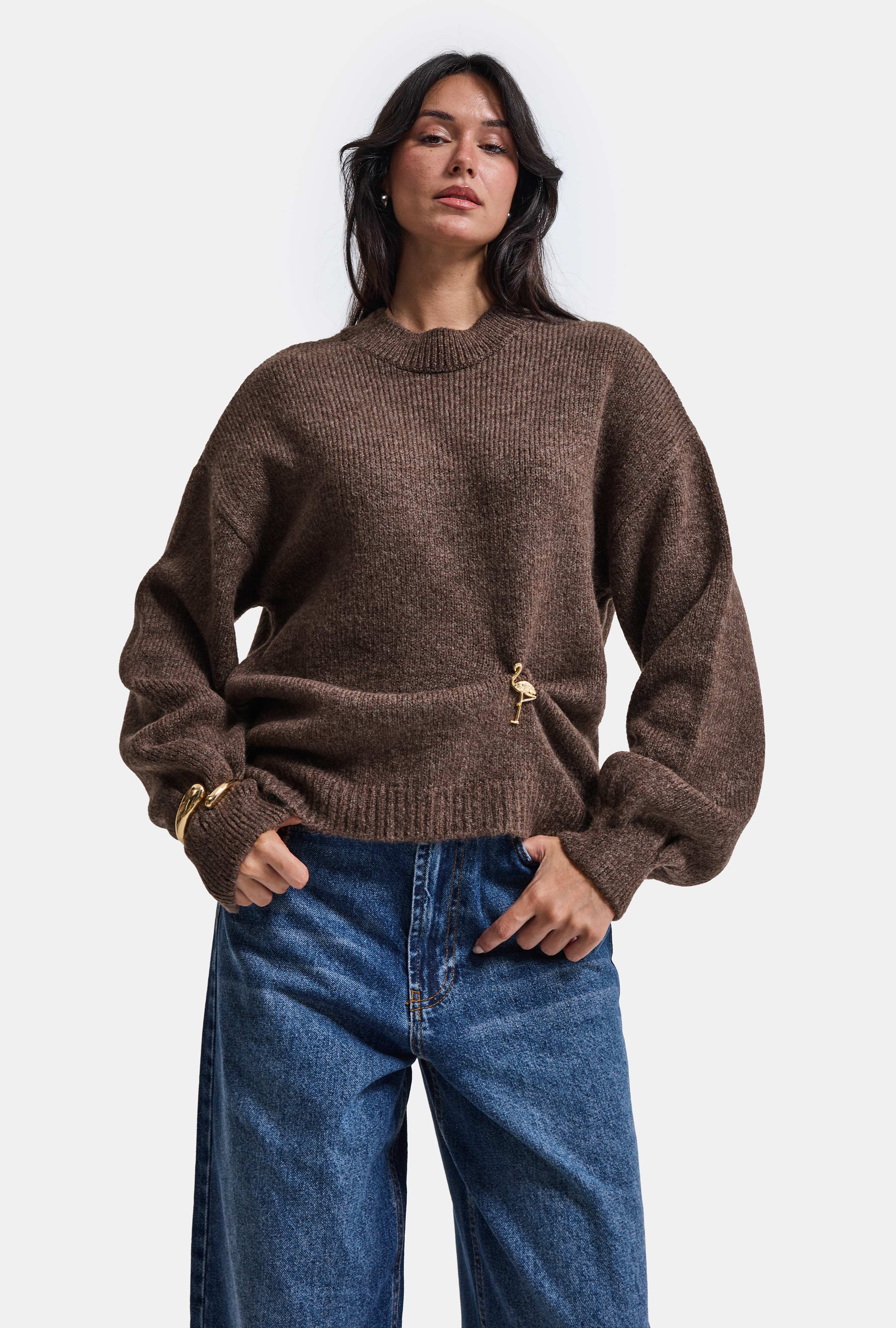 It's Basic Kadın Kahve w6-16 Oversize Aksesuar Detaylı Tasarım Triko Kazak görsel 2
