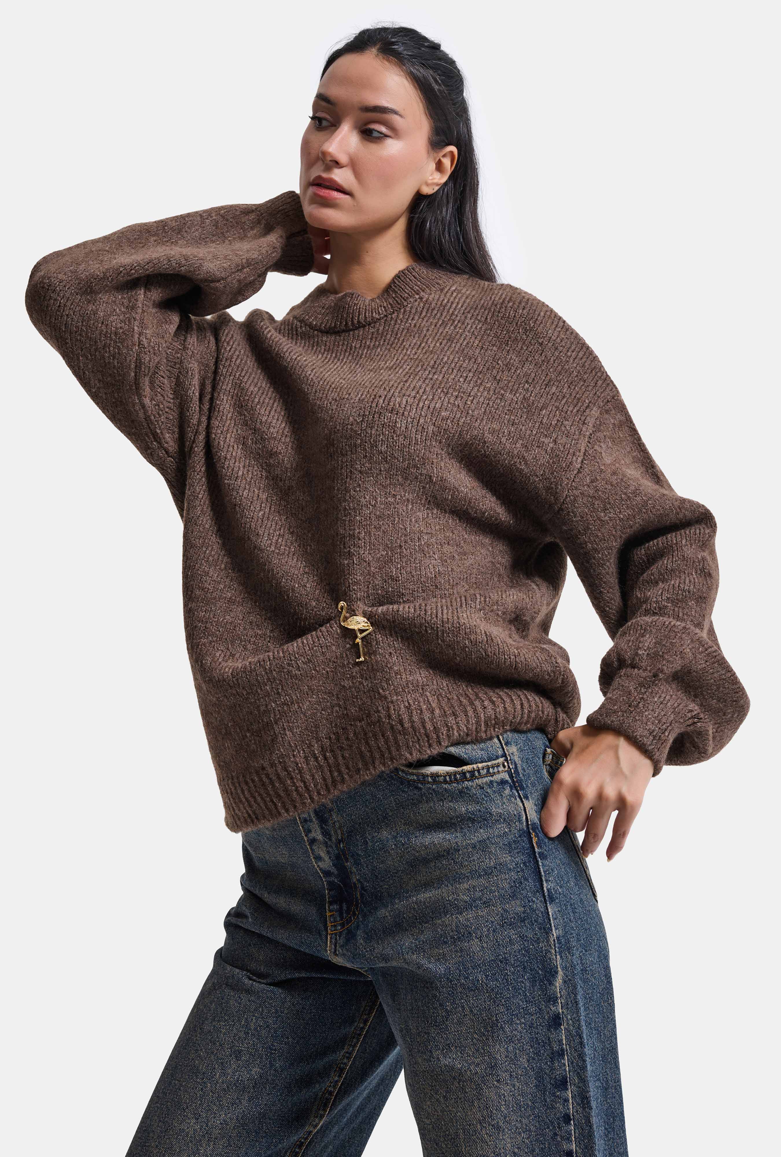 It's Basic Kadın Kahve w6-16 Oversize Aksesuar Detaylı Tasarım Triko Kazak görsel 5