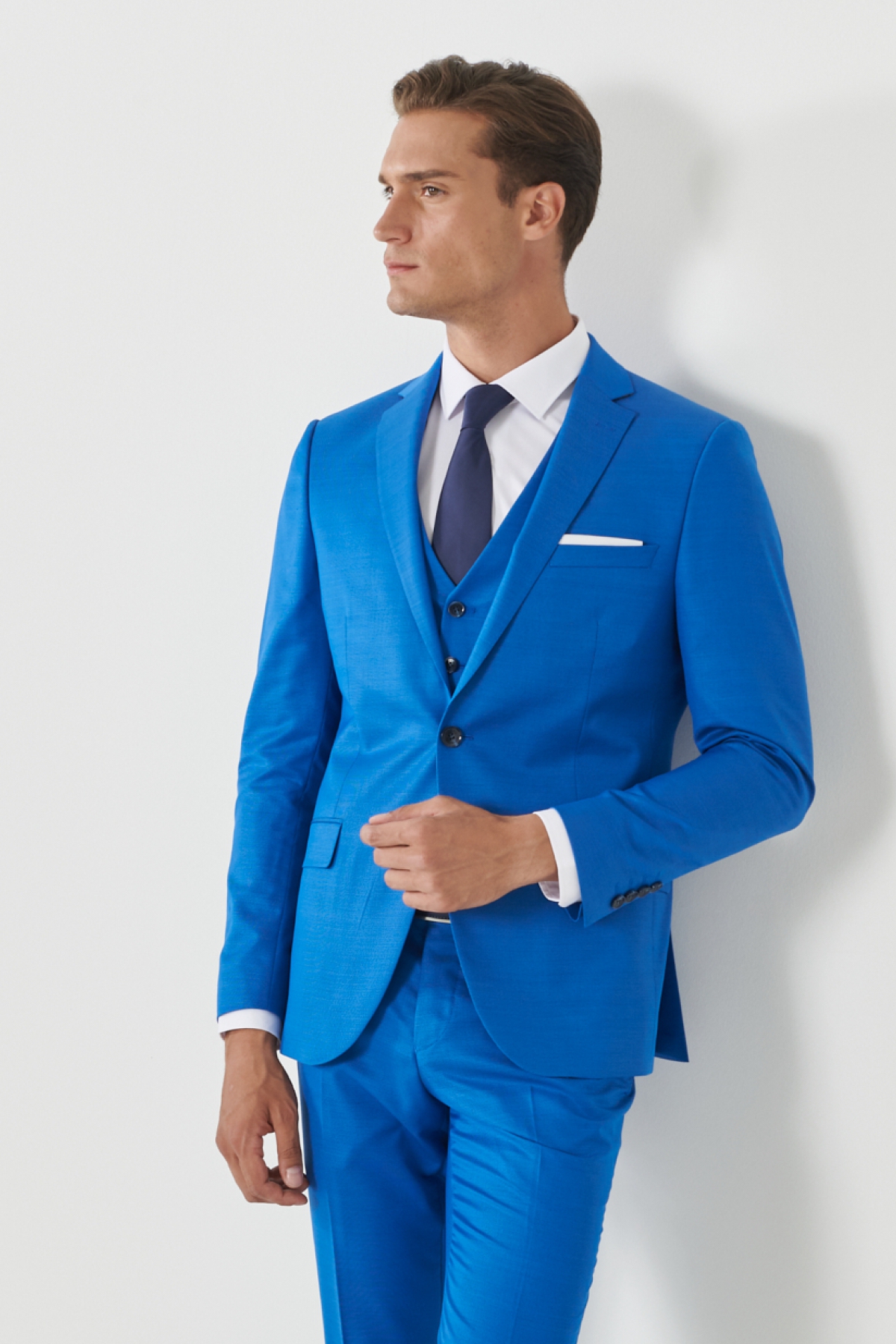 Altınyıldız Classics Erkek Saks Ekstra Slim Fit Dar Kesim Mono Yaka Pick Desenli Yelekli Takım Elbise