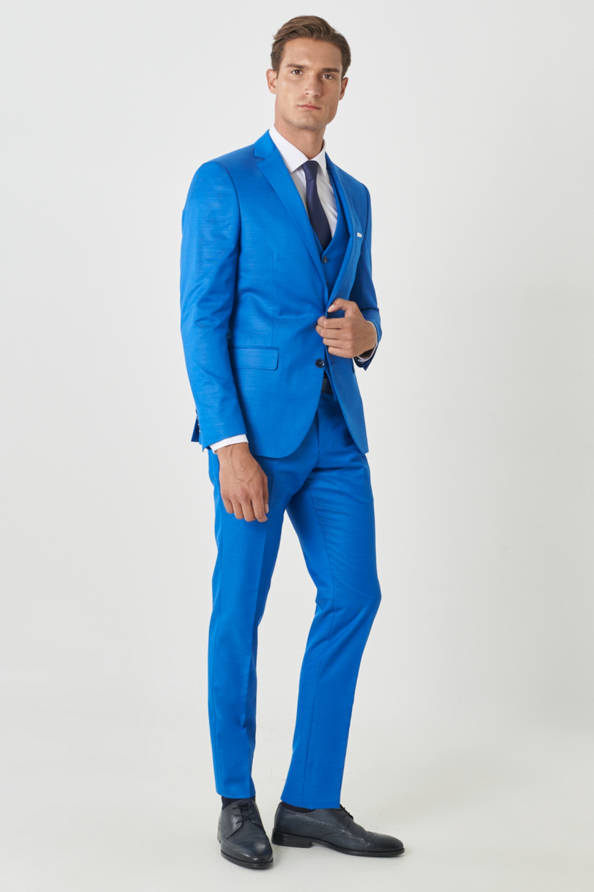 Altınyıldız Classics Erkek Saks Ekstra Slim Fit Dar Kesim Mono Yaka Pick Desenli Yelekli Takım Elbise görsel 2
