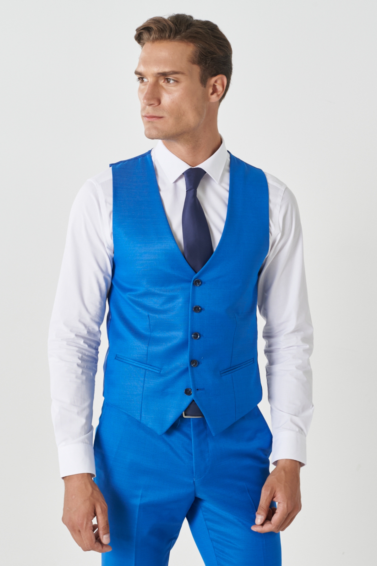Altınyıldız Classics Erkek Saks Ekstra Slim Fit Dar Kesim Mono Yaka Pick Desenli Yelekli Takım Elbise görsel 4