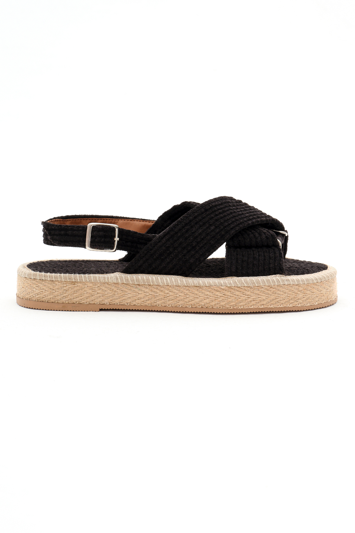 TONNY BLACK Kadın Siyah Krem Çapraz Bantlı Bilekten Bağlamalı Hasır Triko Sandalet