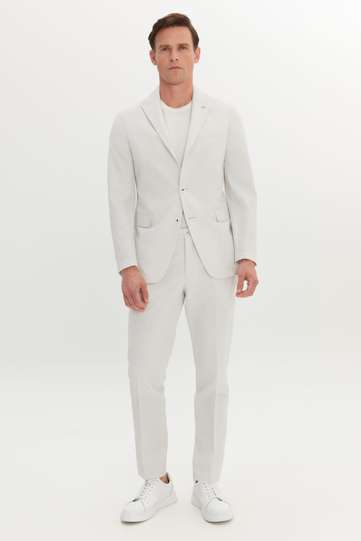 AC&Co / Altınyıldız Classics Erkek Ekru Slim Fit Dar Kesim Kırlangıç Yaka Gofre Desenli Takım Elbise