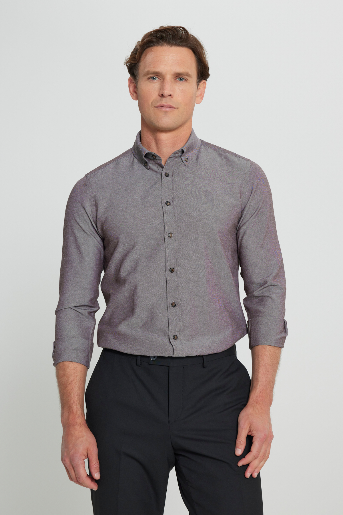 AC&Co / Altınyıldız Classics Erkek Kahverengi Tailored Slim Fit Dar Kesim Düğmeli Yaka Oxford Gömlek