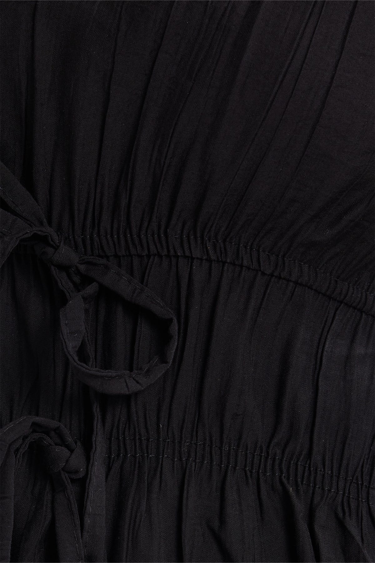 TUDORS Kadın Standart Fit Normal Kesim V Yaka Beli Büzgülü Bağcıklı Bluz Geniş Paça Siyah Pantolon Takım görsel 3