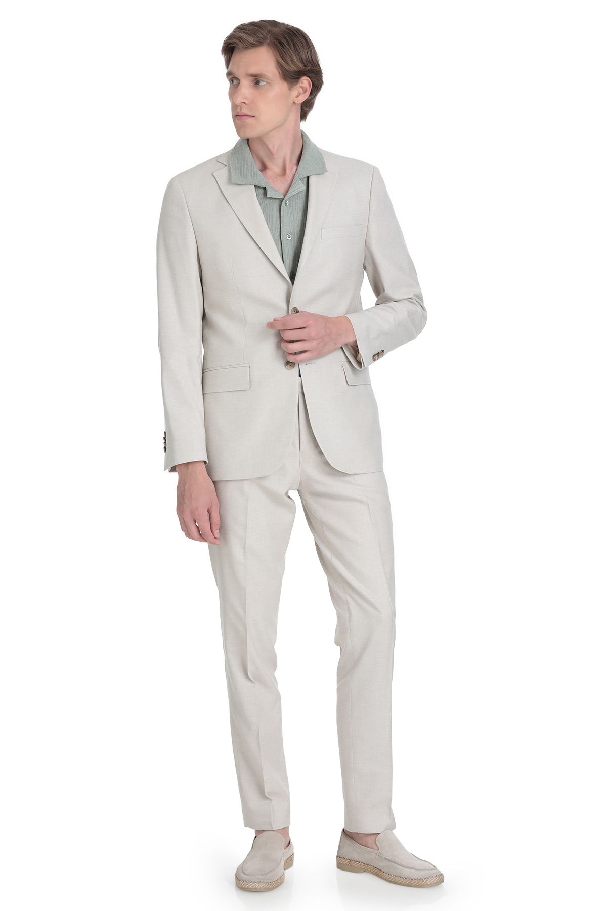 Hatemoğlu Bej Slim Fit Mono Yaka Keten Takım Elbise